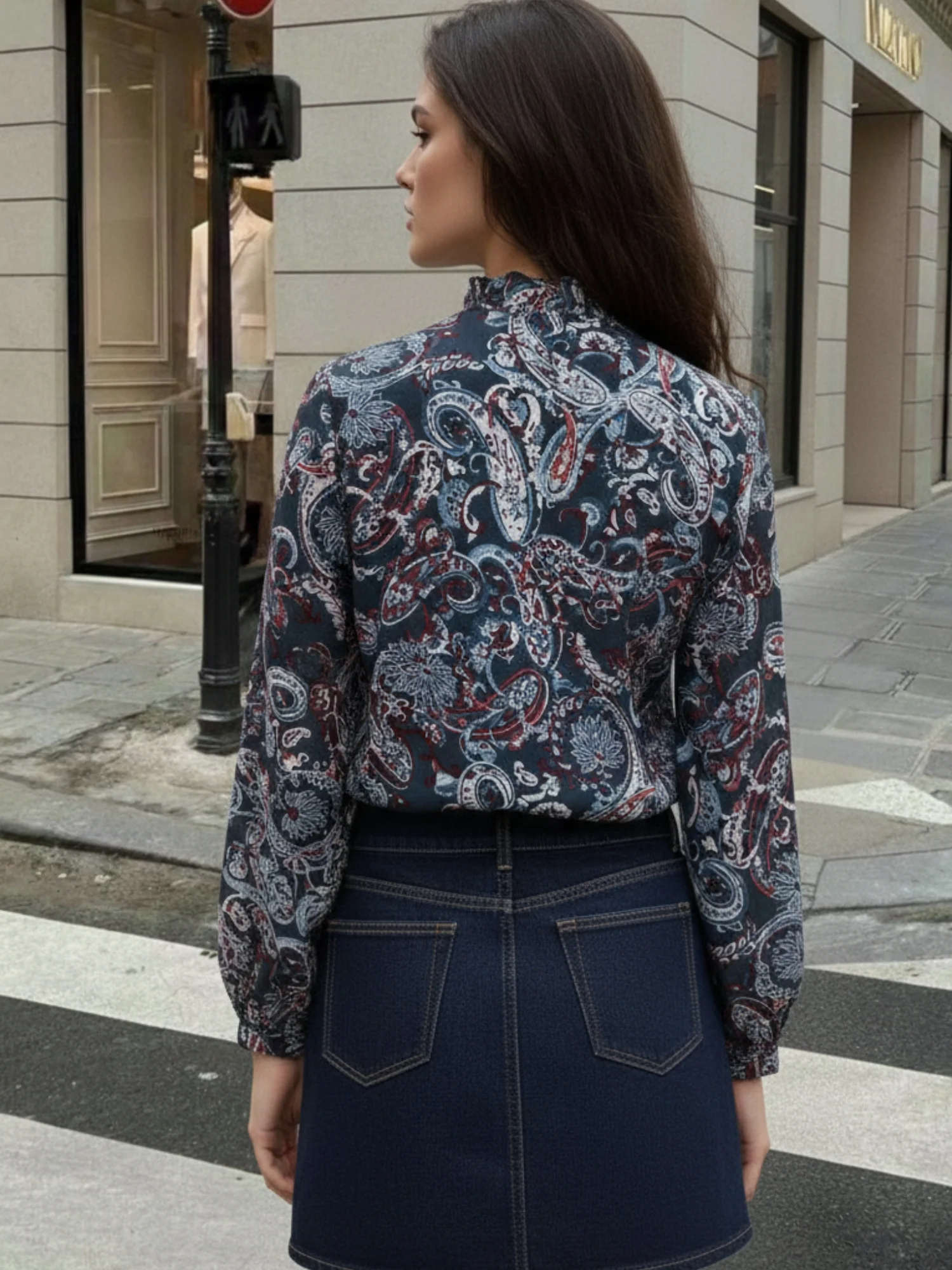 Blue Printed  Full Sleeves Top With Button Details - Image 6