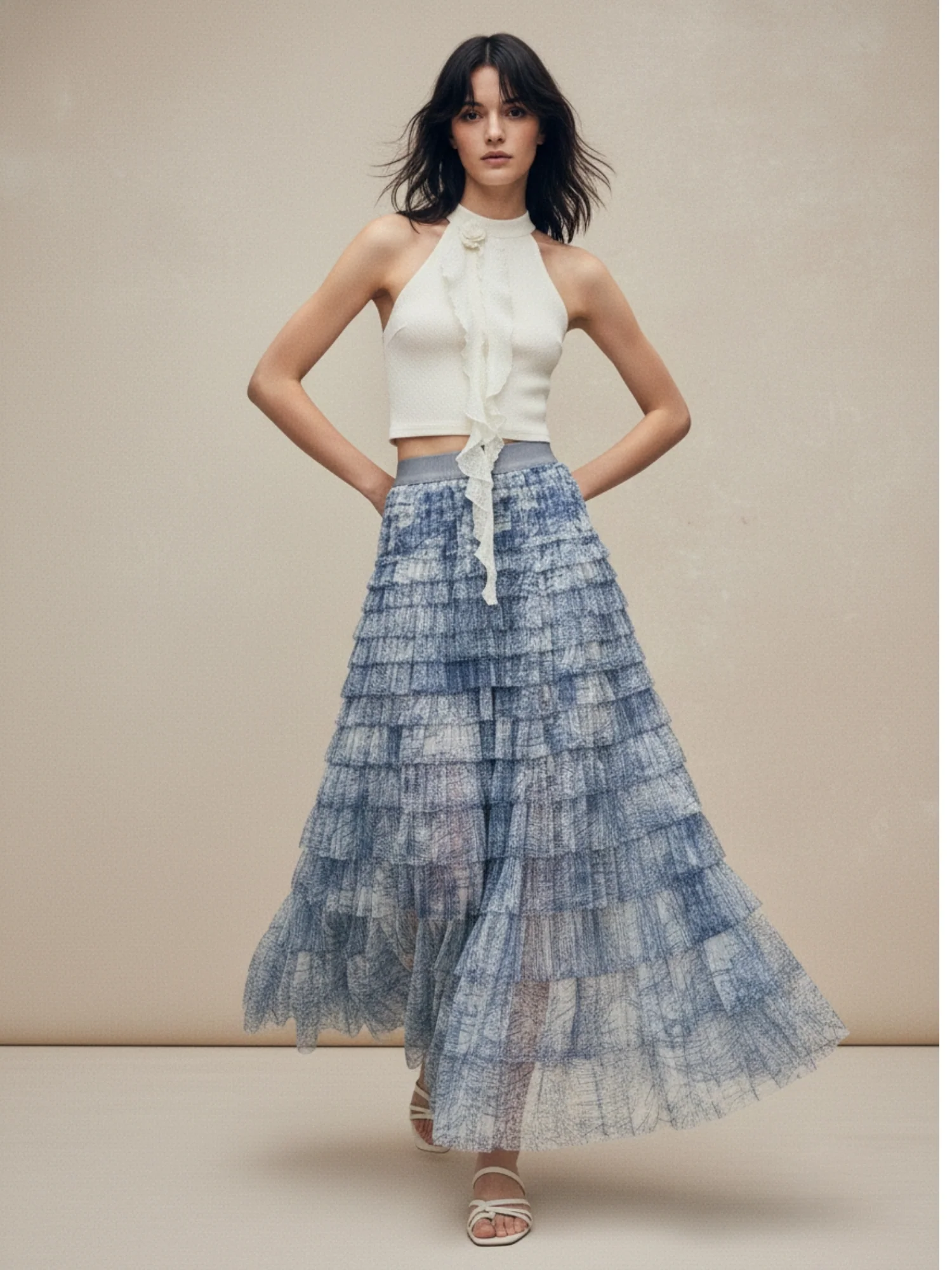 Blue Printed Ombre Coloured Tiered Skirt
