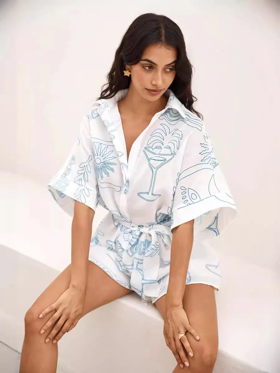 Blue Printed Shirt And Shorts Co-Ord Set - Image 4