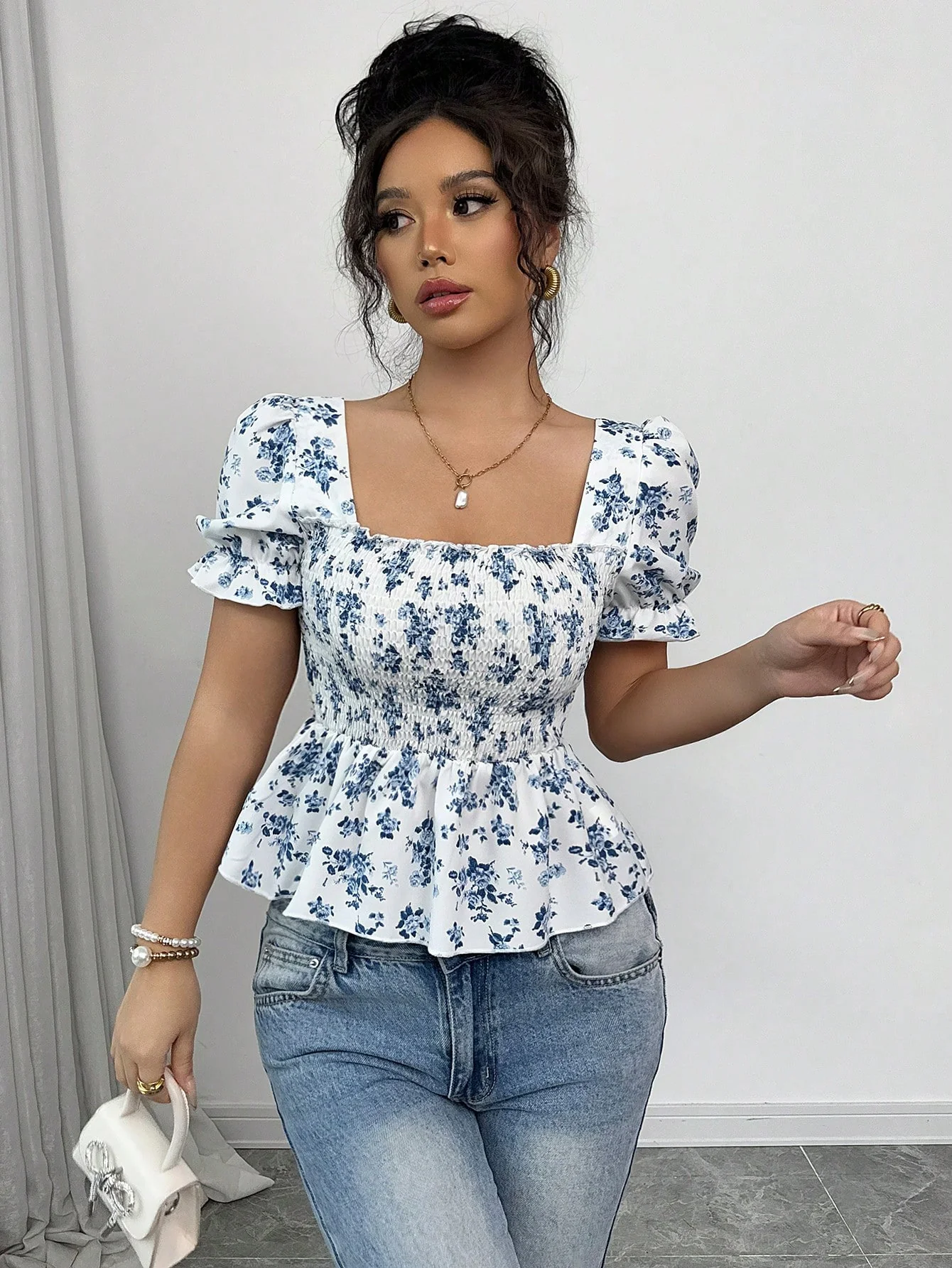 Blue Puff Sleeve Waist Fitted Flared Hem Top - Image 2