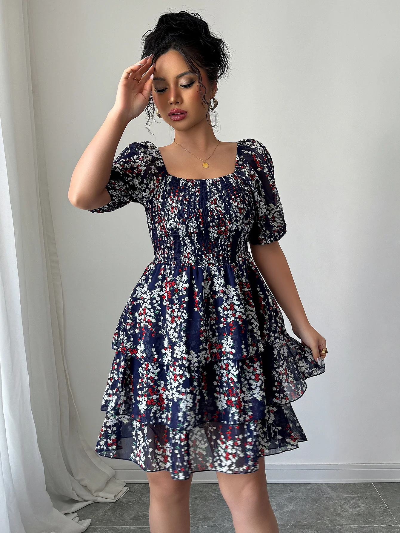 Blue Puff Sleeved Skater Dress - Image 3