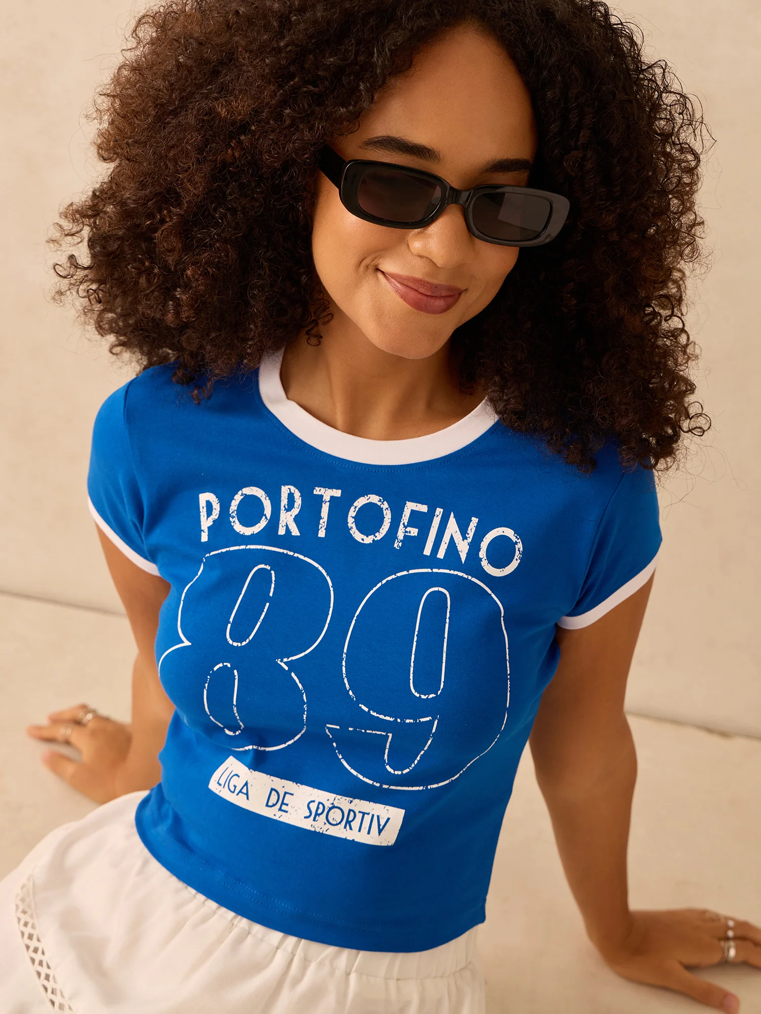 Blue Raglan Cropped Top With Graphic Print - Image 3