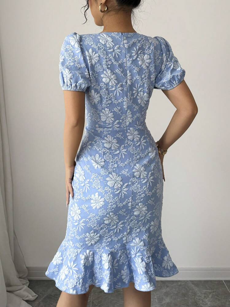 Blue Round Neck Ruffle Dress - Image 2