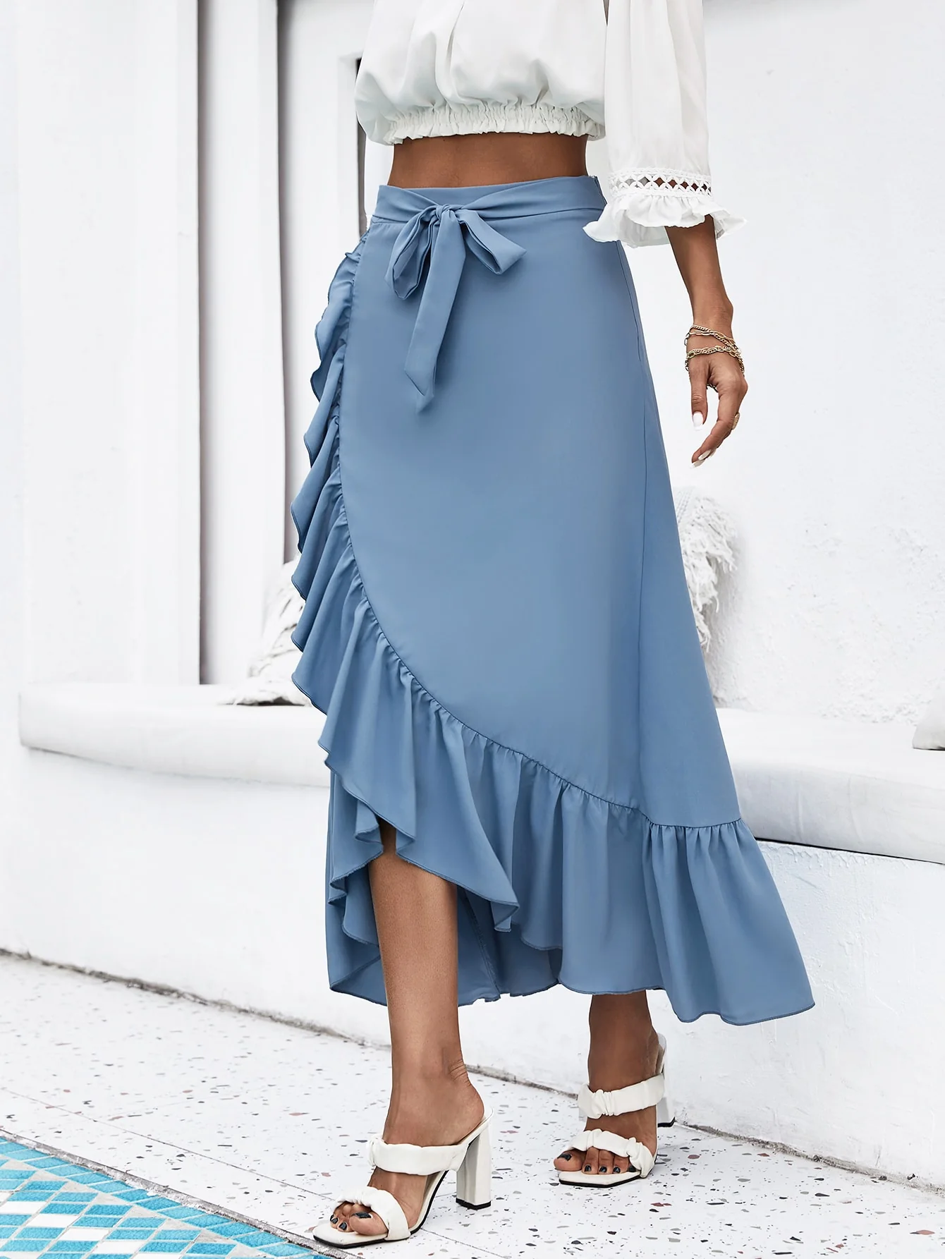 Blue Ruffle Waist Tie Up Skirt - Image 2
