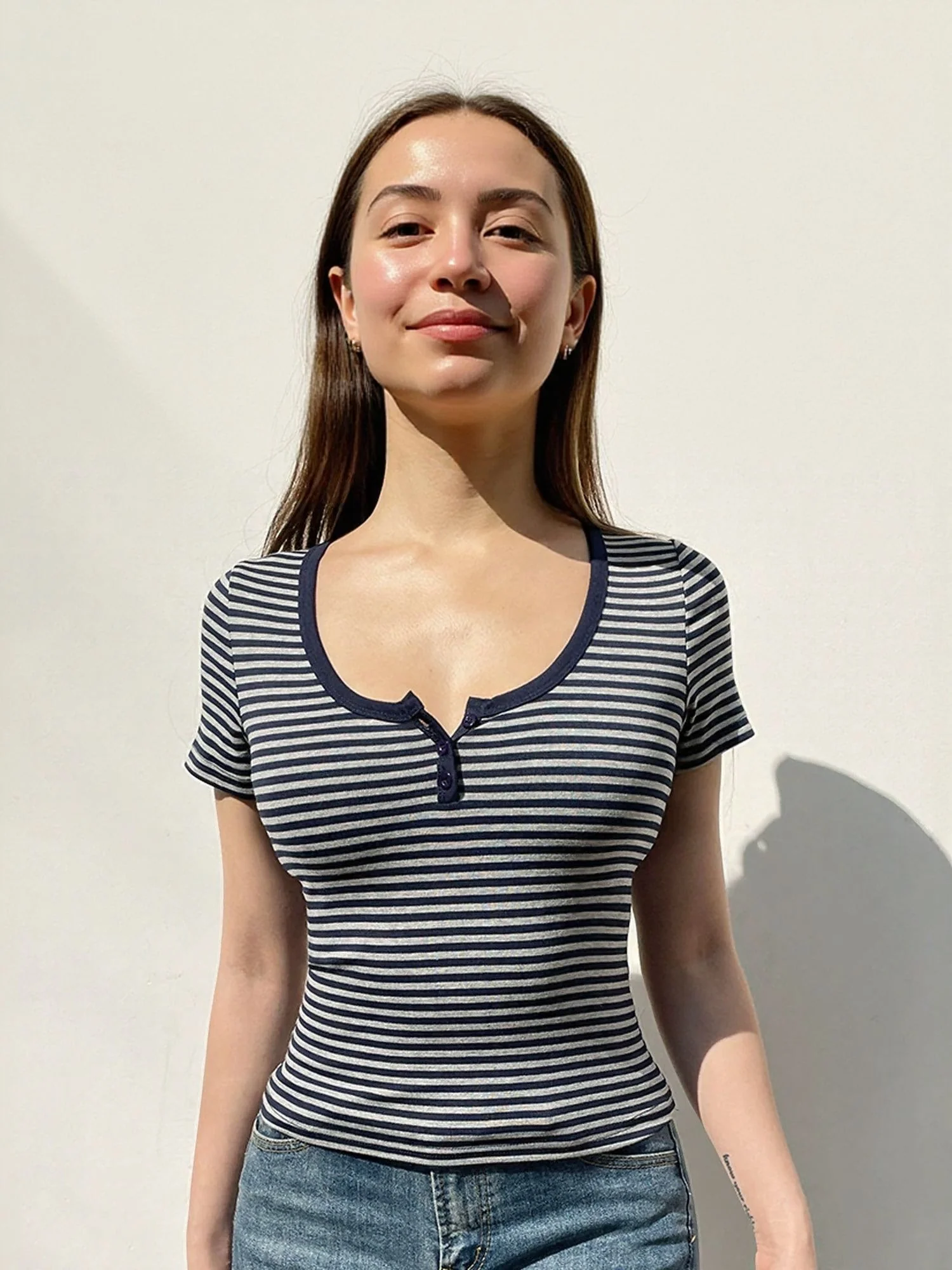 Blue Scoop Neck Stripe Tshirt