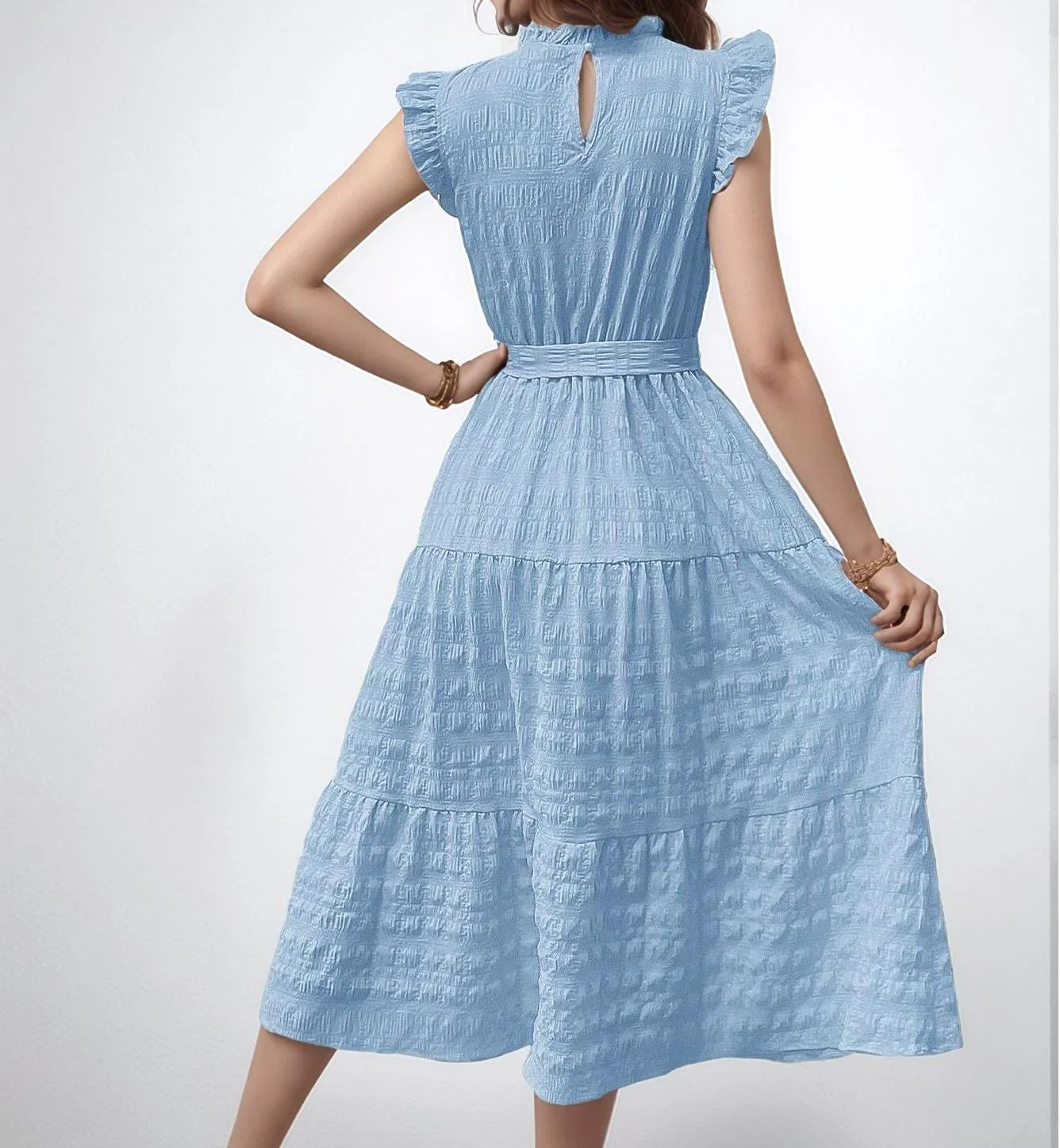 Blue Short Ruffle Sleeve Mock Neck Dress - Image 2