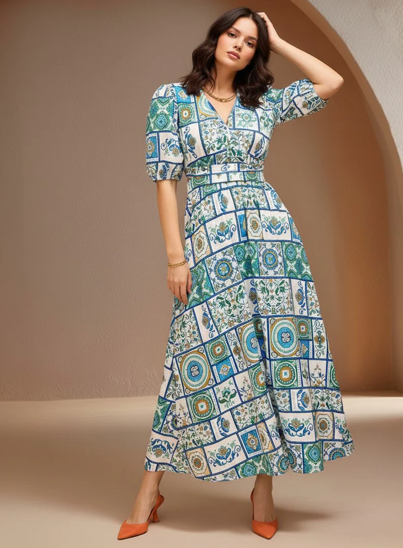 Blue Short Sleeve Abstract Print Dress - Image 3