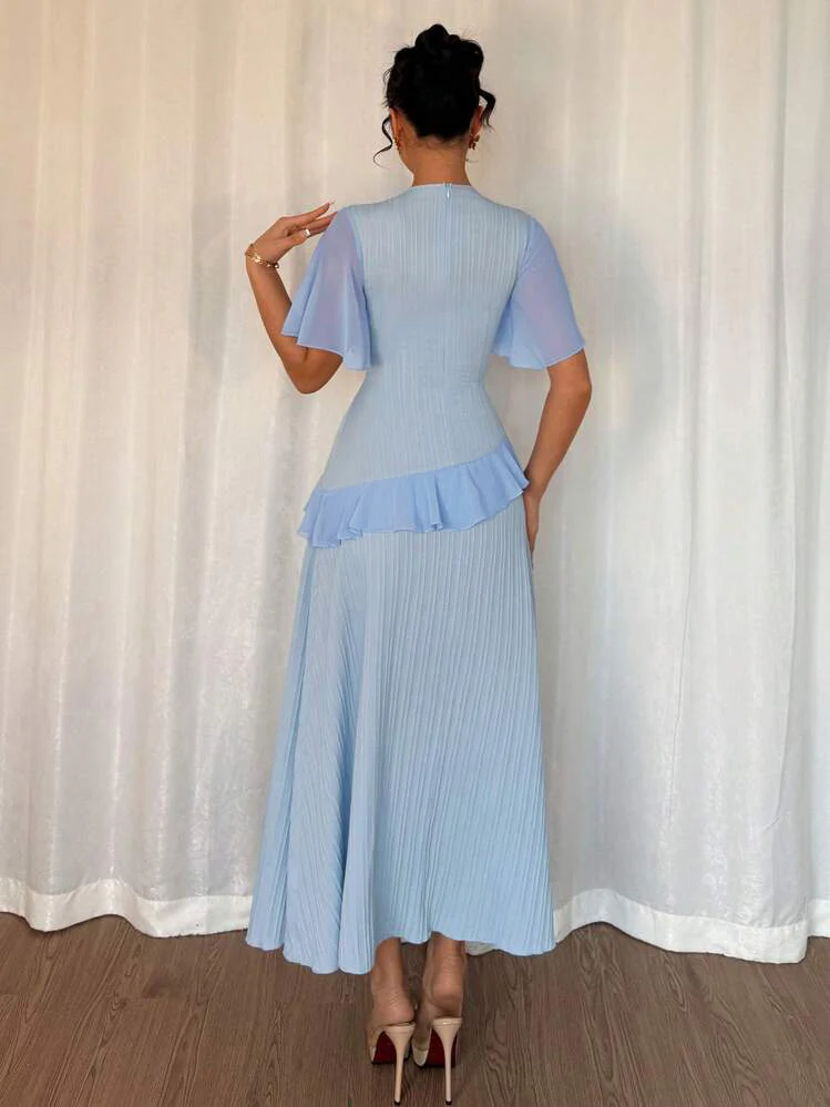 Blue Short Sleeve Frill Attached Dress - Image 2