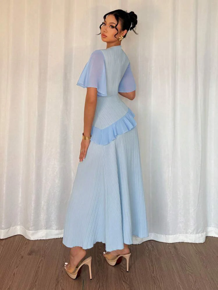 Blue Short Sleeve Frill Attached Dress - Image 5