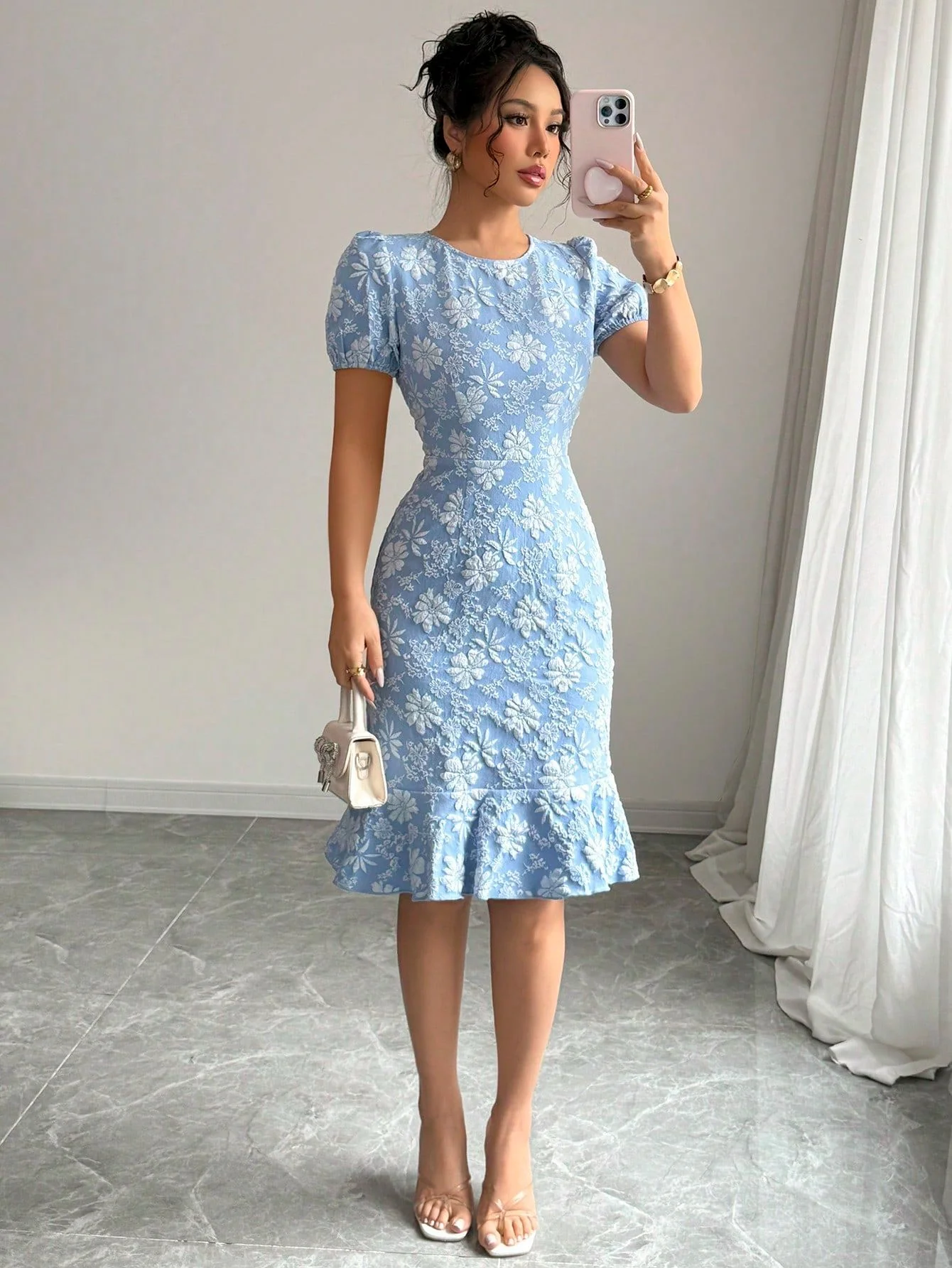 Blue Short Sleeve Ruffle Hem Dress