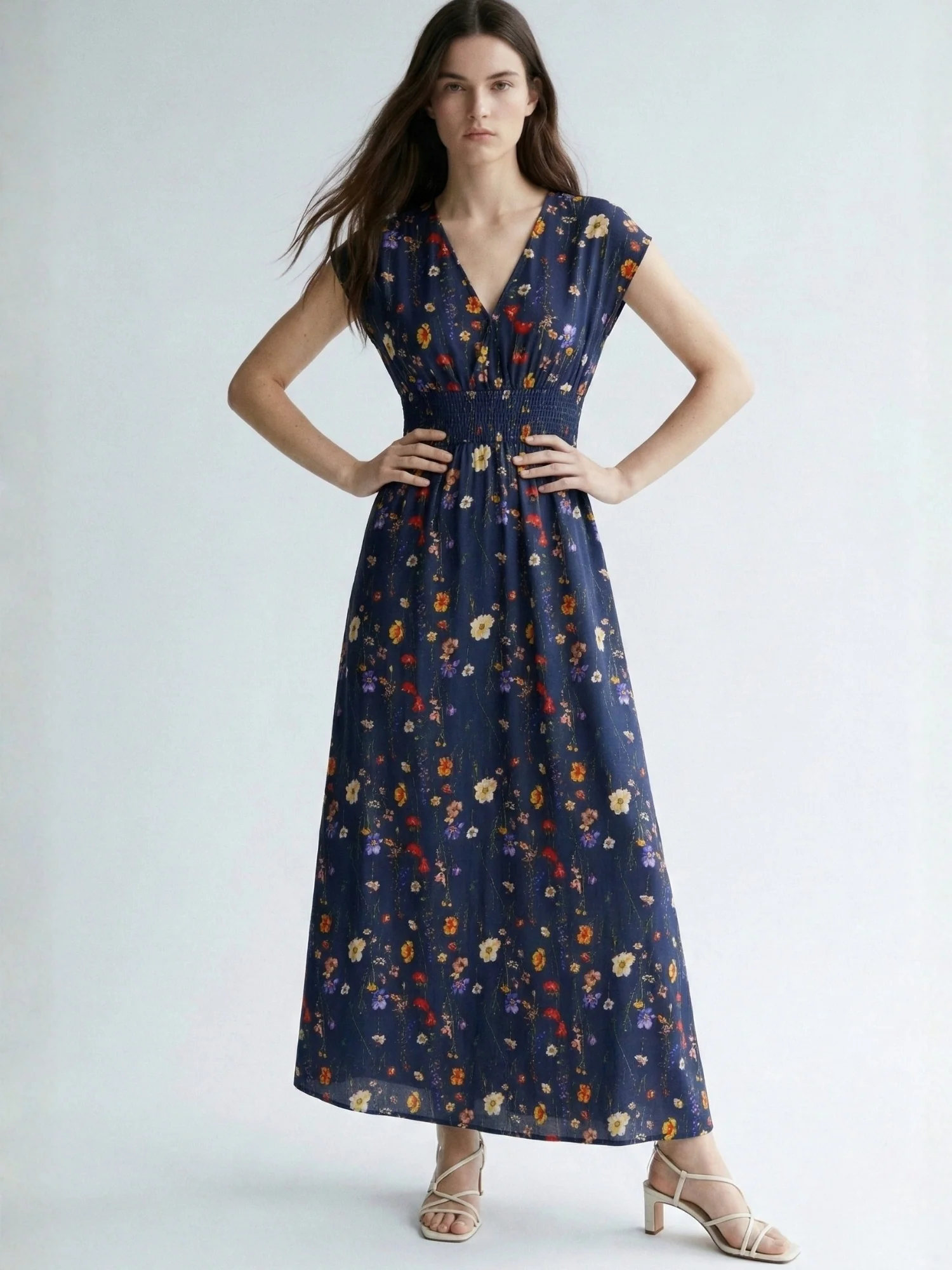 Blue Short Sleeve V Neck Floral Dress - Image 3