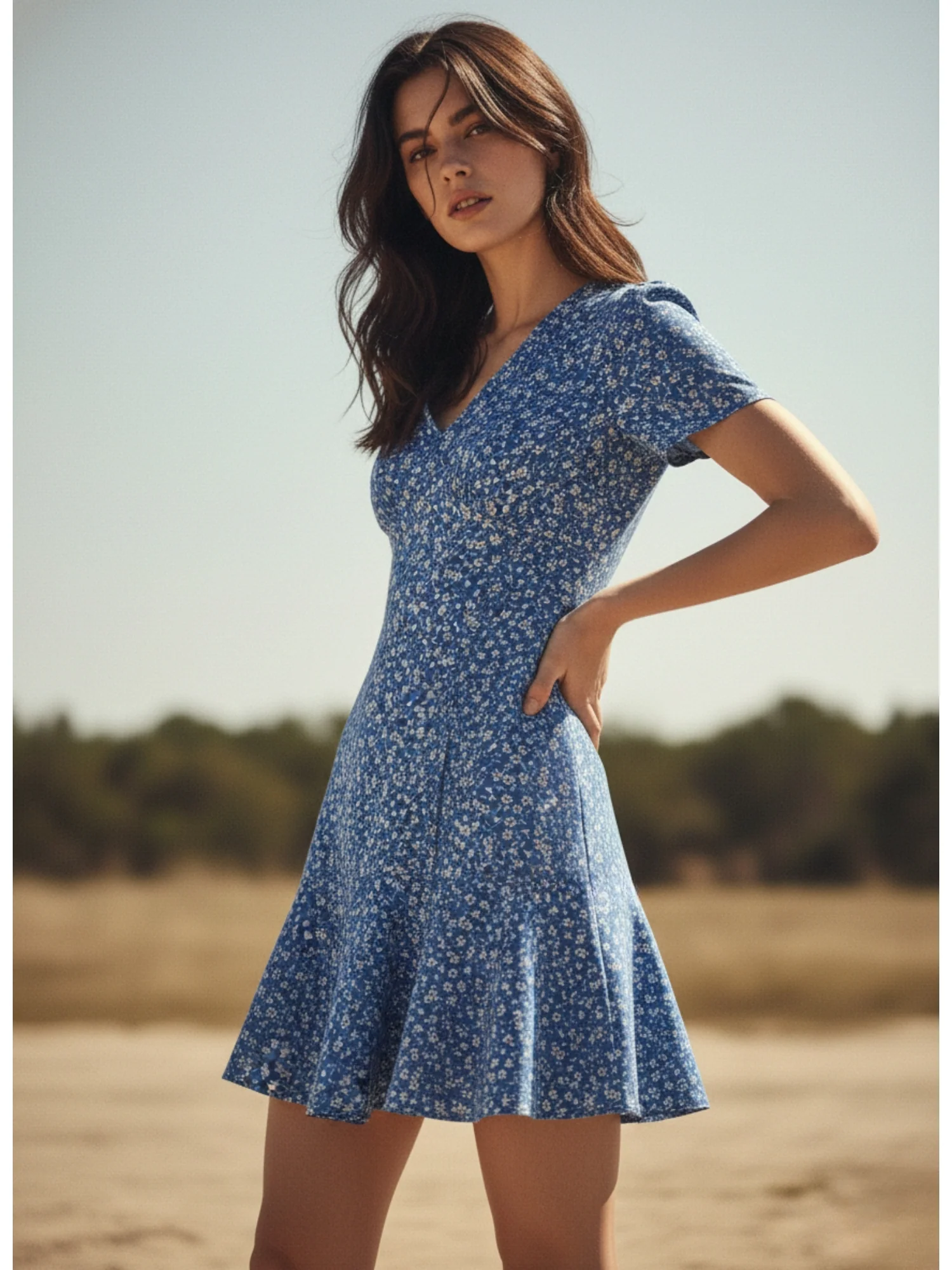 Blue Short Sleeve V Neck Printed Dress - Image 3