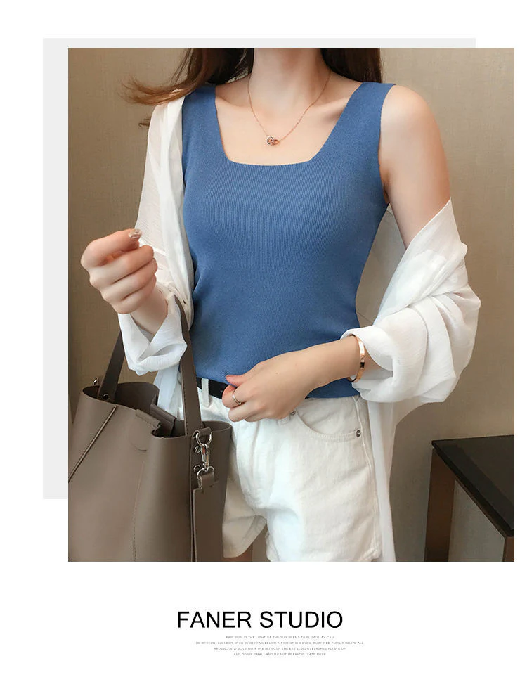 Blue Shoulder Strap Basic Fitted Top