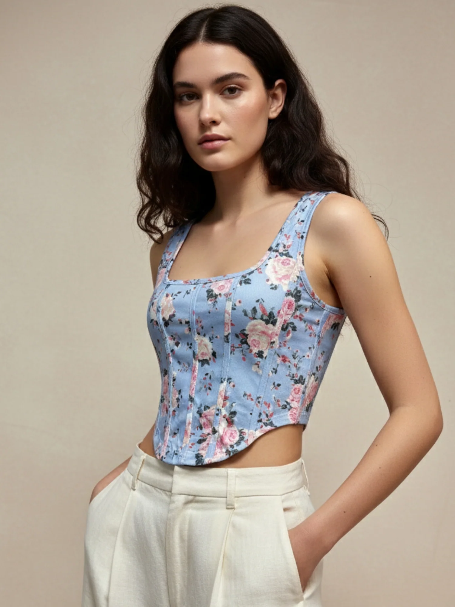 Blue Shoulder Strap Floral Printed Corset Top - Image 2