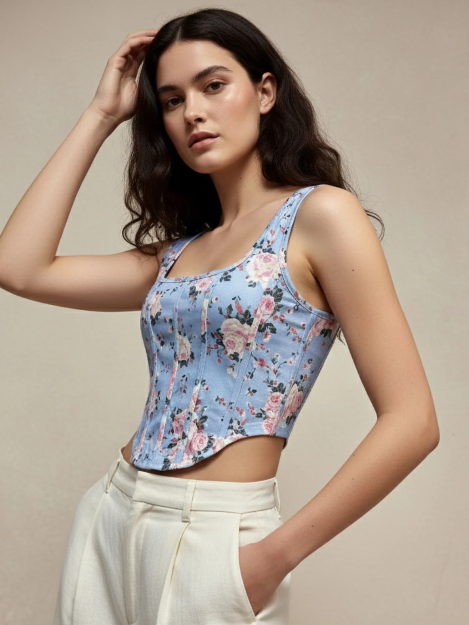 Blue Shoulder Strap Floral Printed Corset Top - Image 3