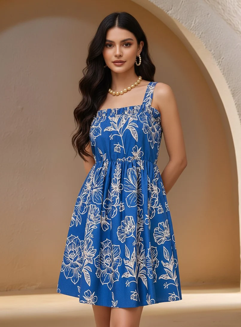Blue Shoulder Strap Square Neck Printed Dress