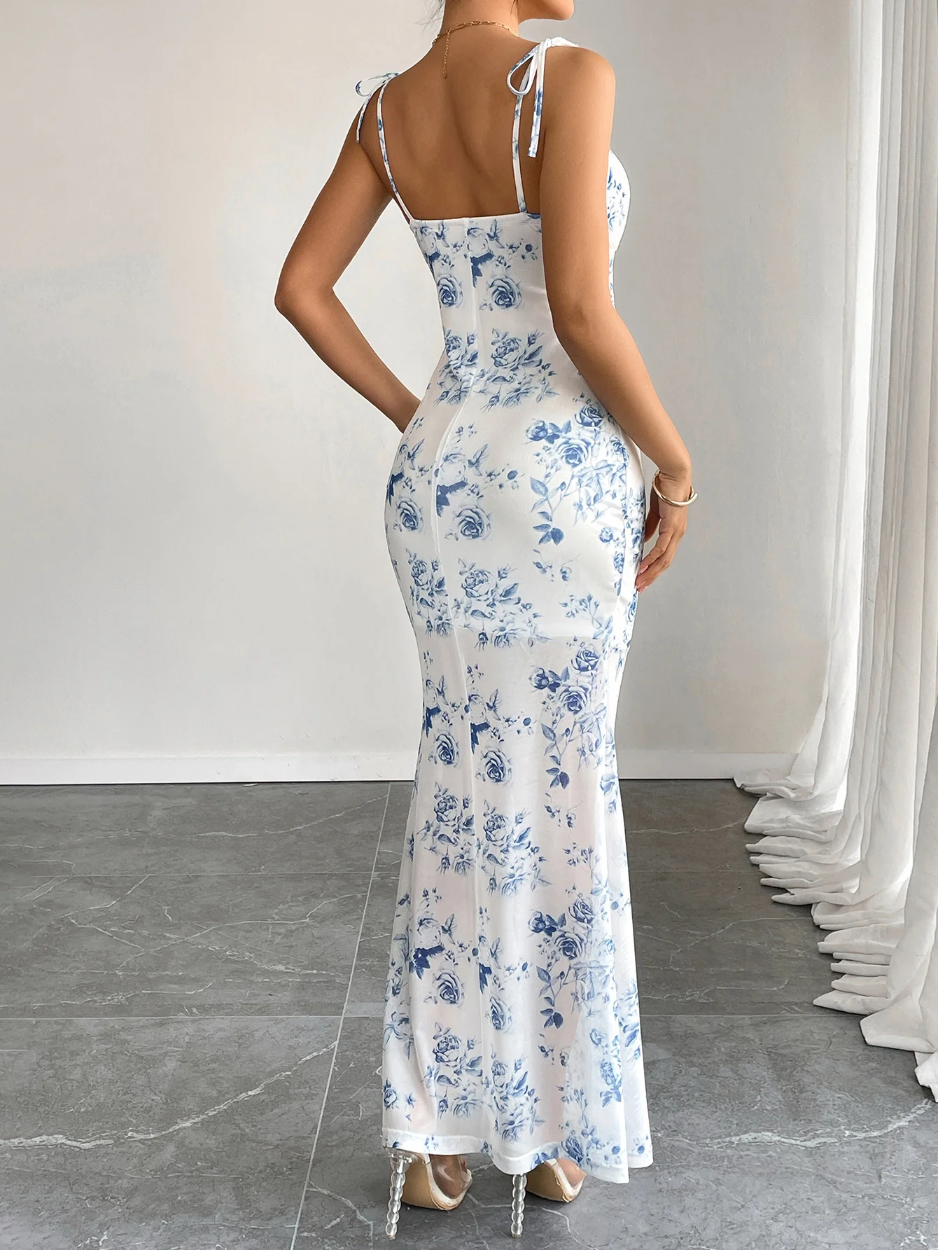 Blue Shoulder Tie-Up Front Ruched Dress - Image 2