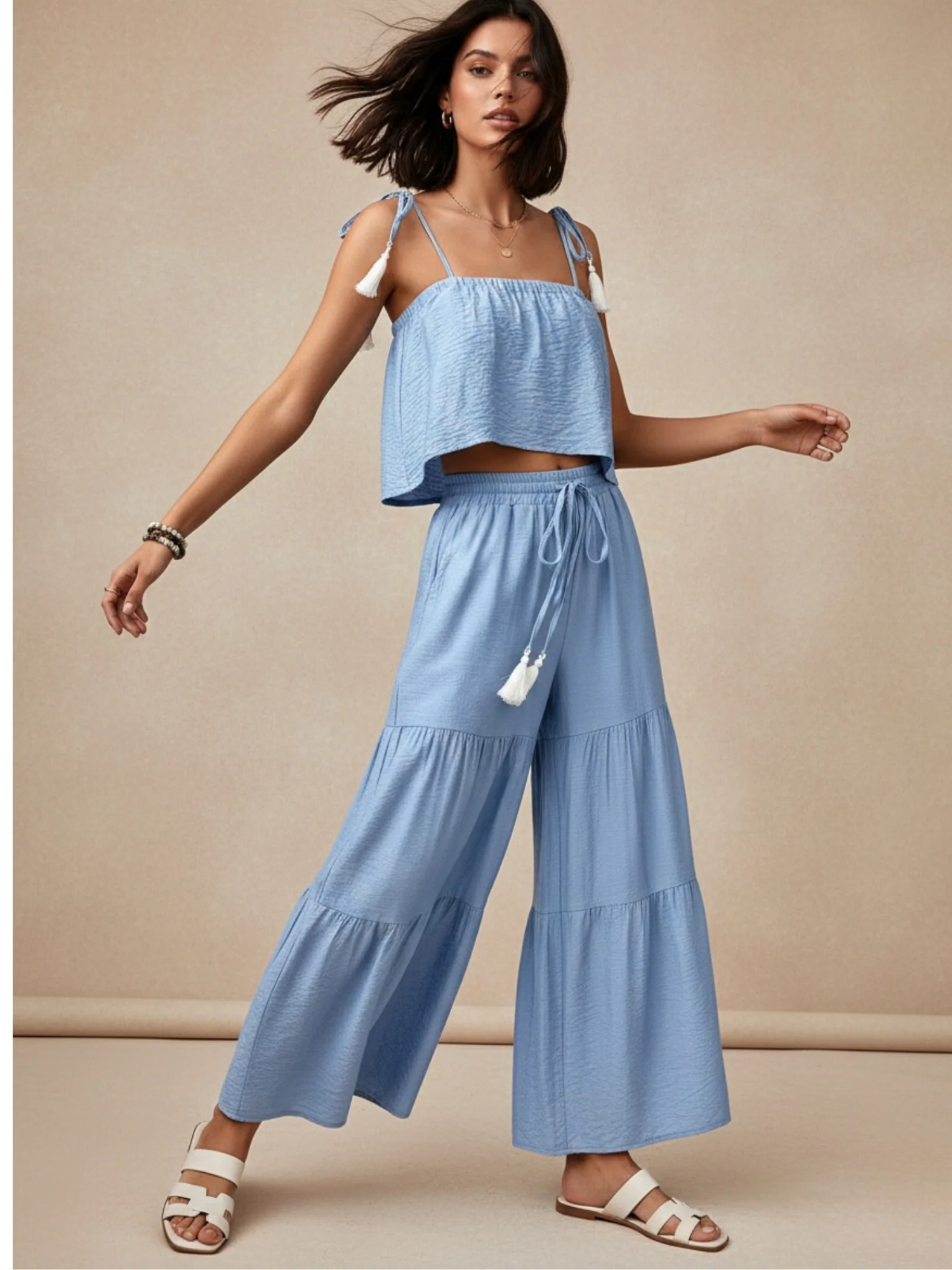 Blue Shoulder Tie-Up Top And Tiered Pant Set - Image 2