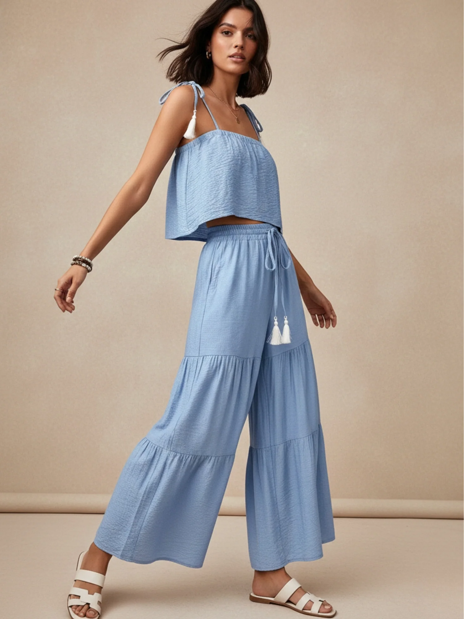 Blue Shoulder Tie-Up Top And Tiered Pant Set - Image 3