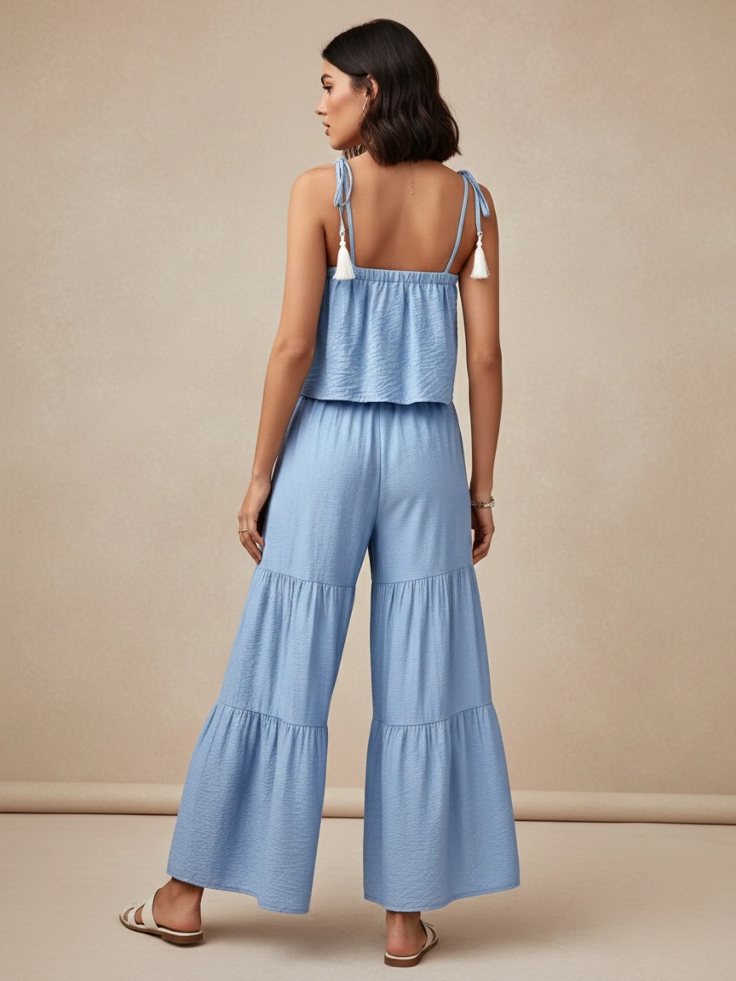Blue Shoulder Tie-Up Top And Tiered Pant Set - Image 5