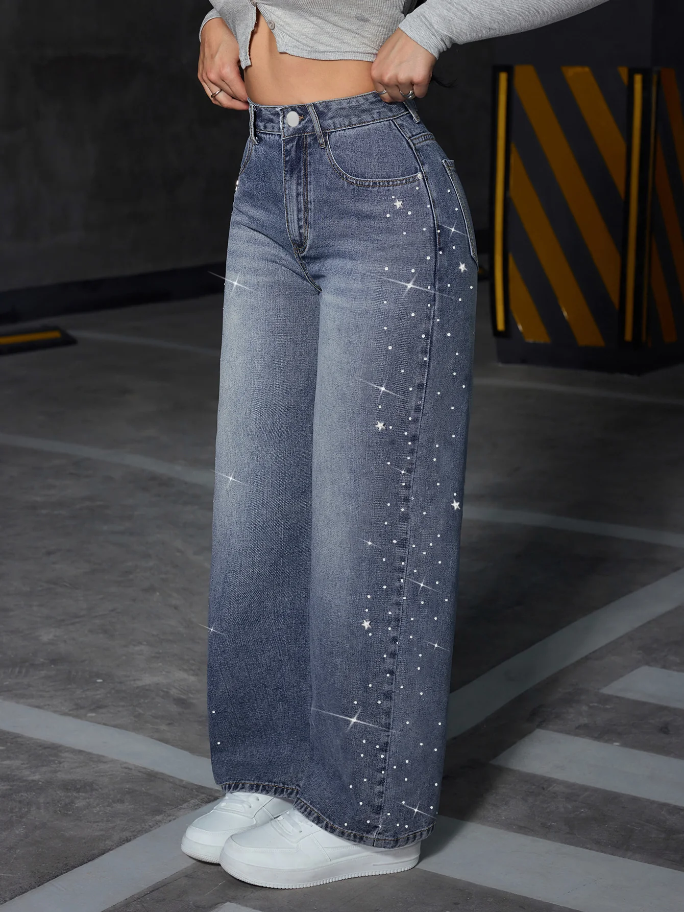 Blue Side Embellished Wide Leg Denim - Image 3