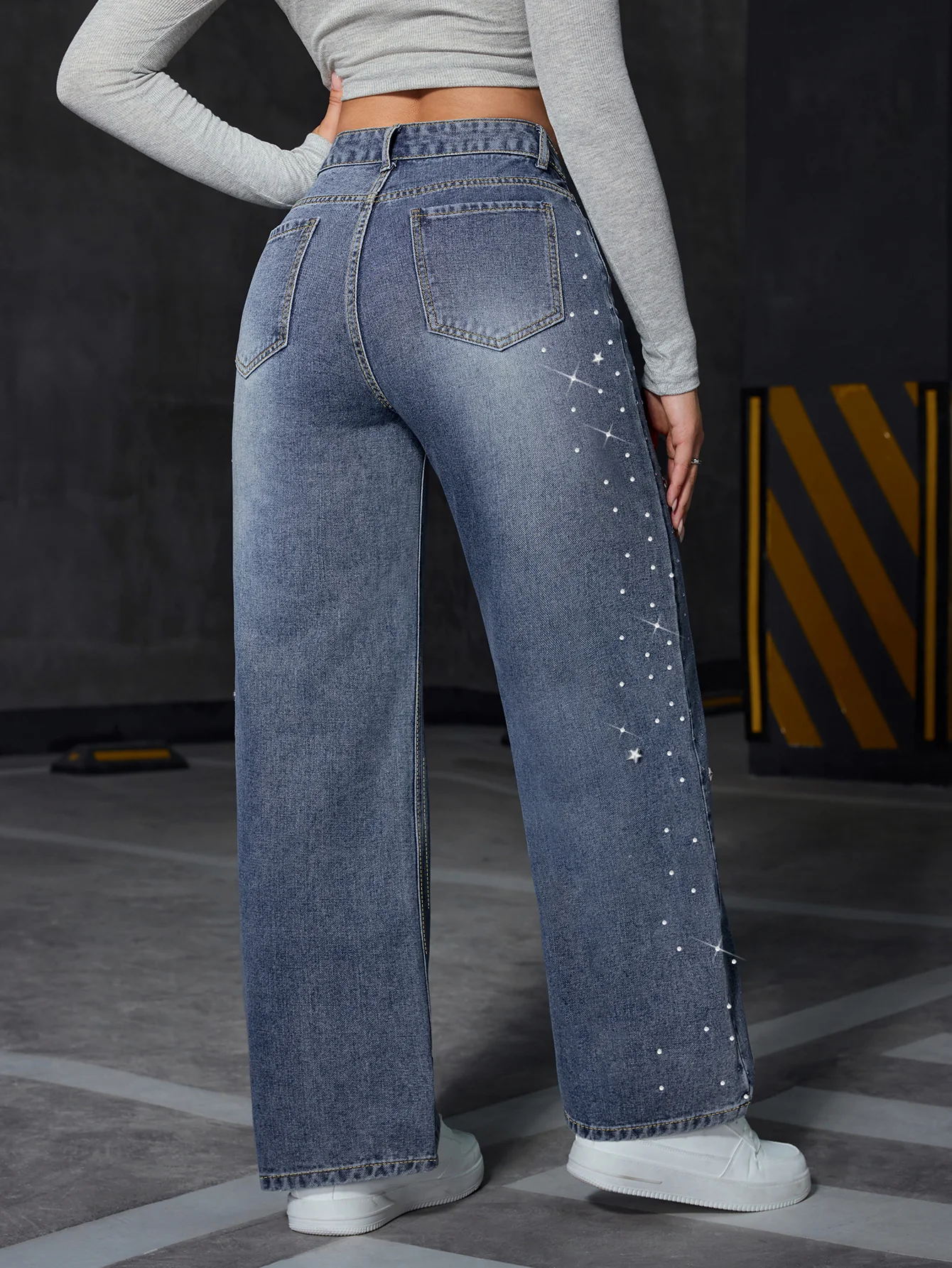 Blue Side Embellished Wide Leg Denim - Image 4