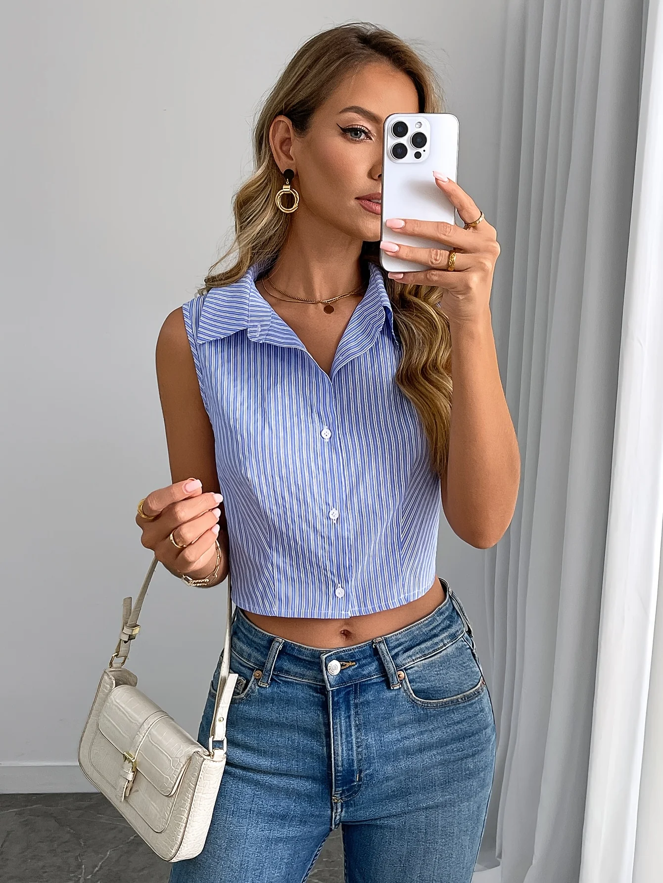 Blue Sleeveless Collared Back Bow Tieup Top - Image 2
