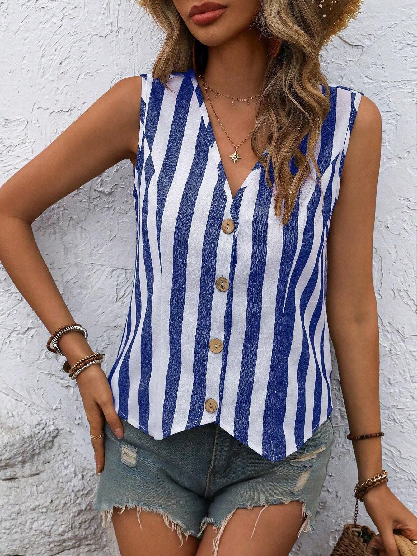 Blue Sleeveless Front Buttoned Vest - Image 2