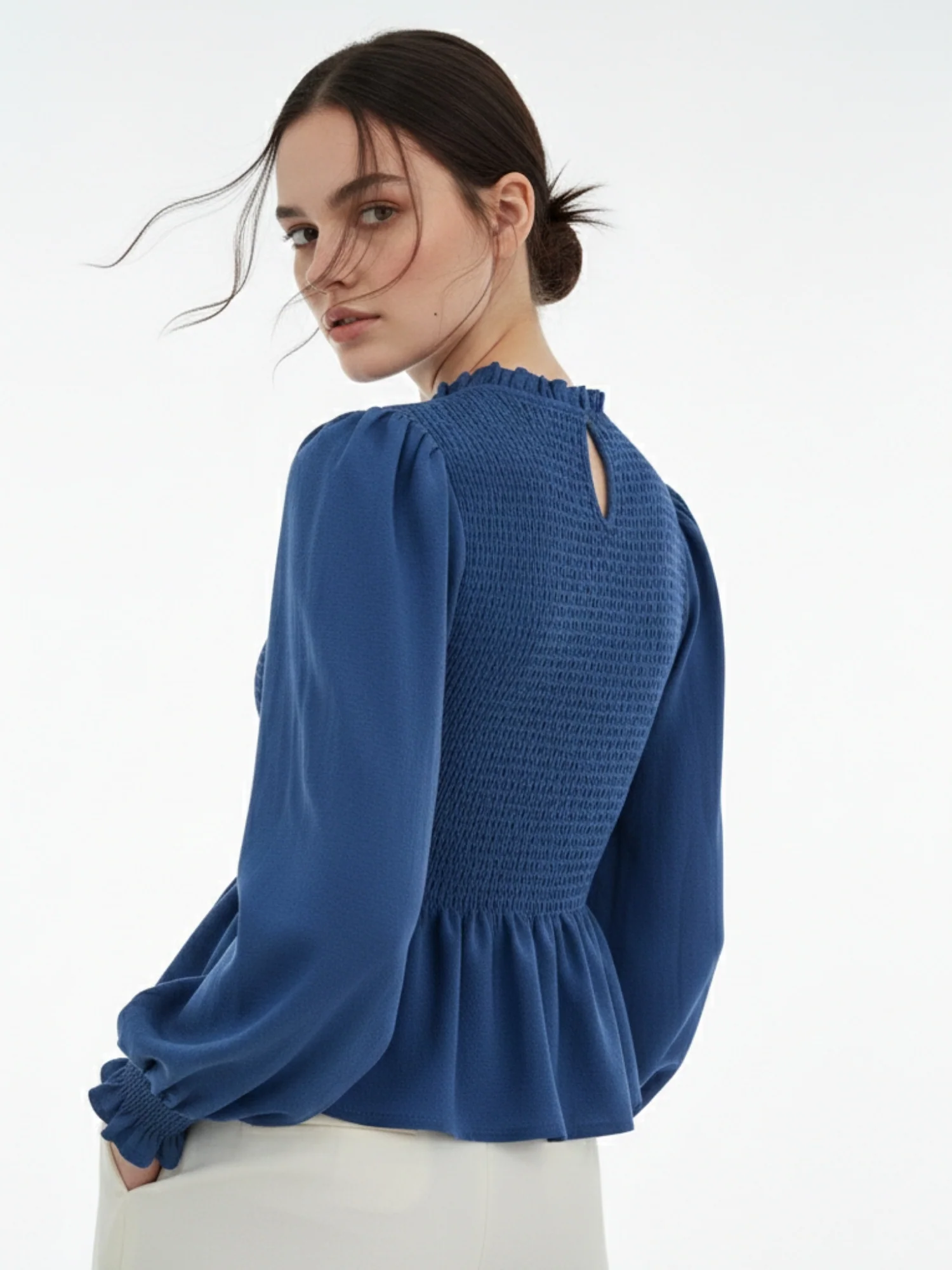 Blue Smocked Bodice Solid Top - Image 5