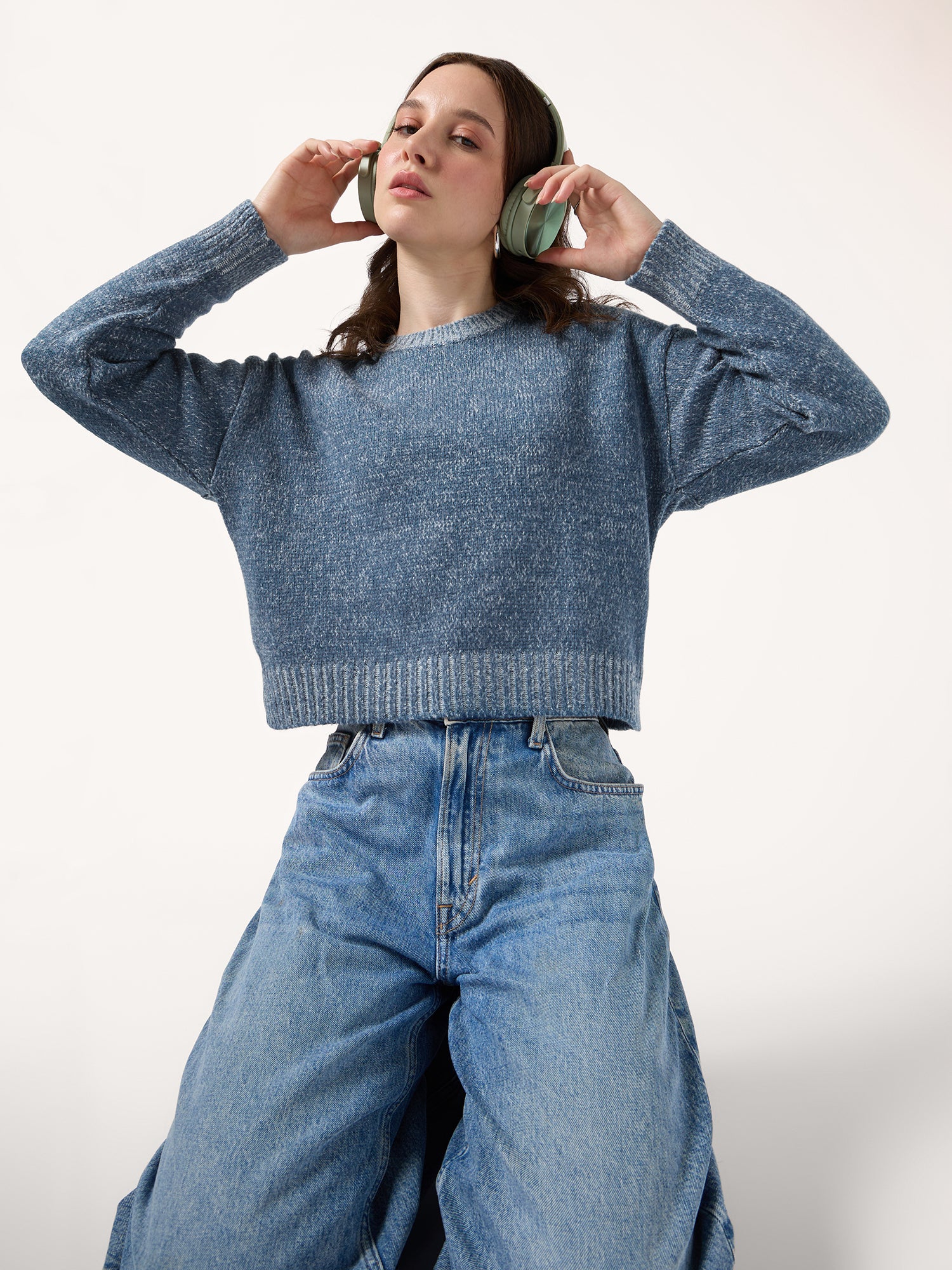 Blue Solid High Neck Sweater - Image 5