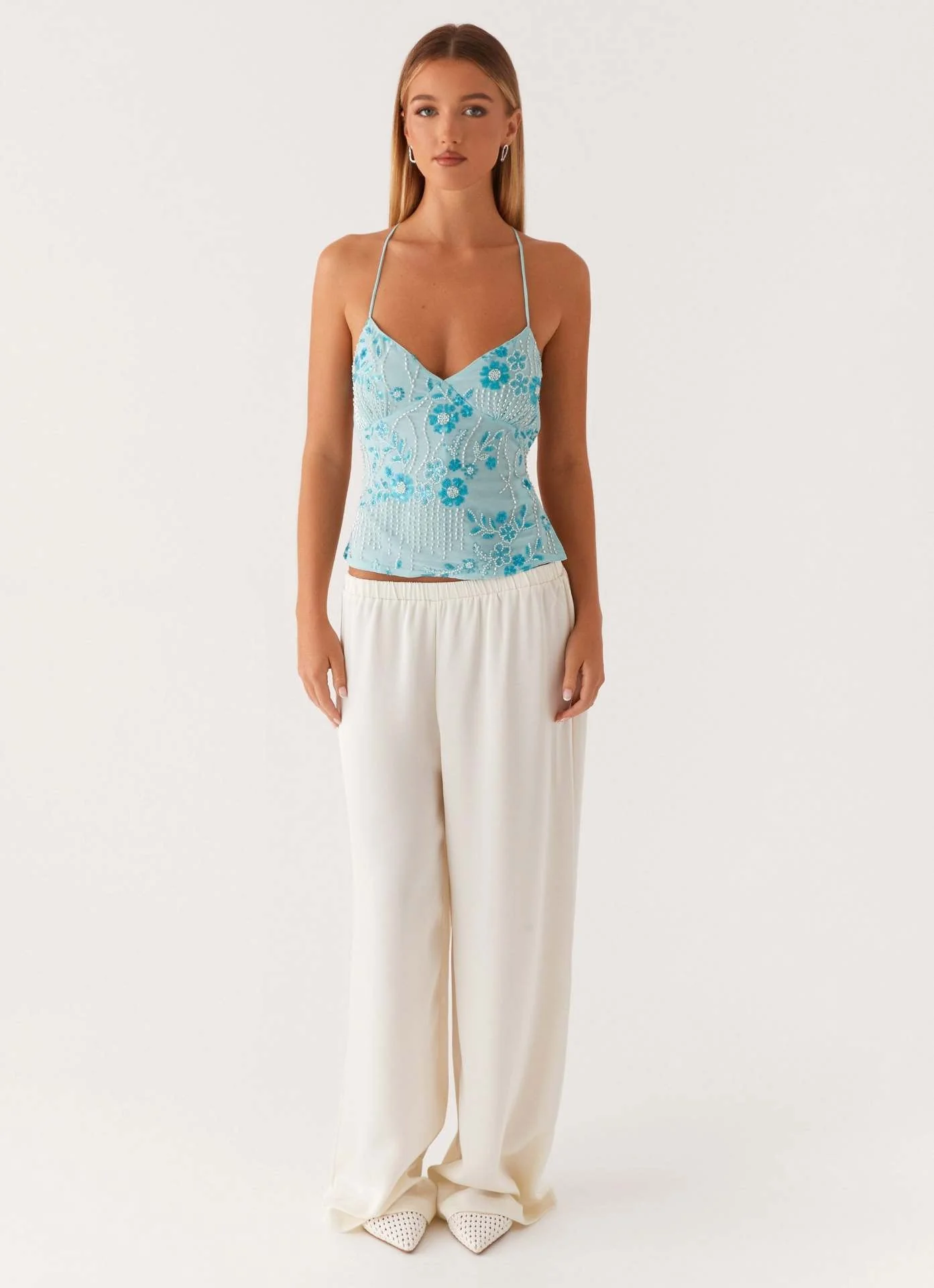 Blue Spaghetti Strap Embellished Camisole - Image 5