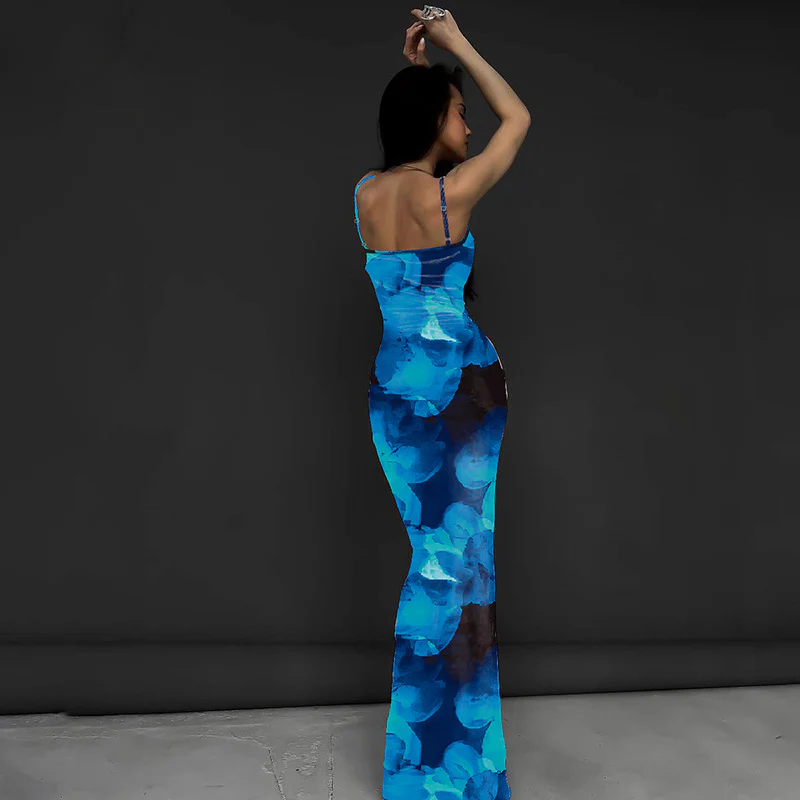 Blue Spaghetti Strap Printed Bodycon Dress - Image 2