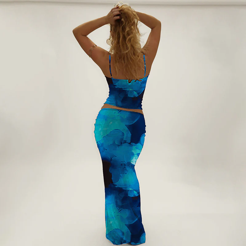 Blue Spaghetti Strap Top With Fitted Skirt Co-Ord Set - Image 2