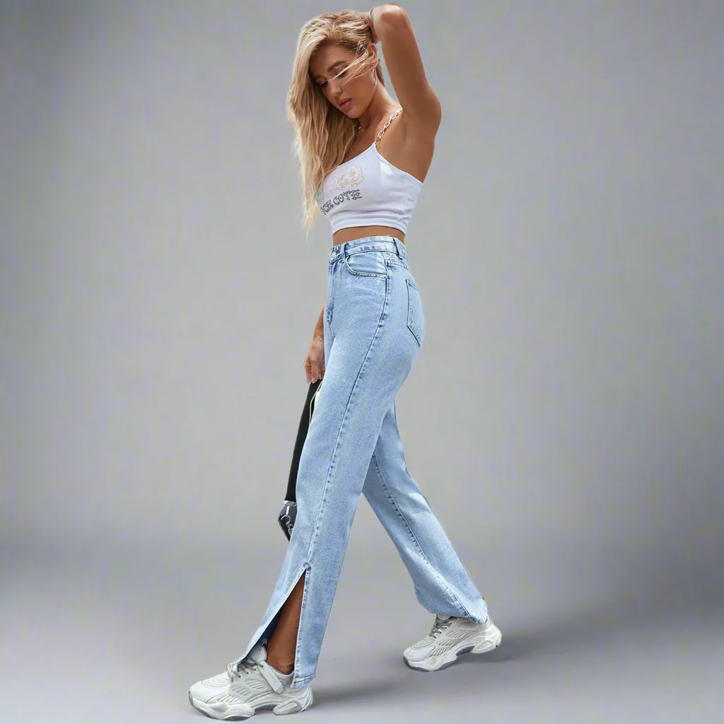 Blue Straight Denim With Side Slit - Image 2