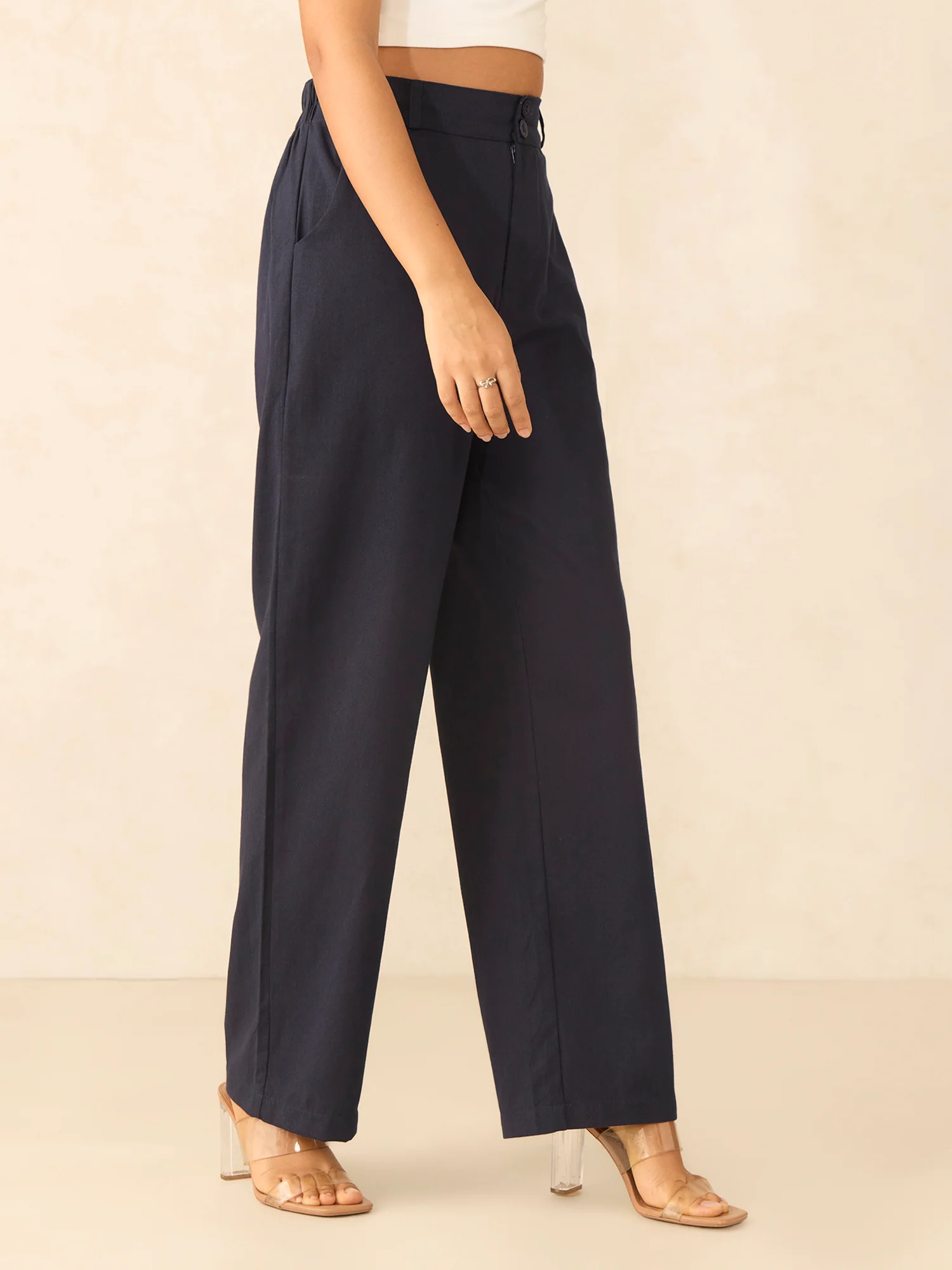 Navy Blue Tapered Fit High-Rise Trouser - Image 3