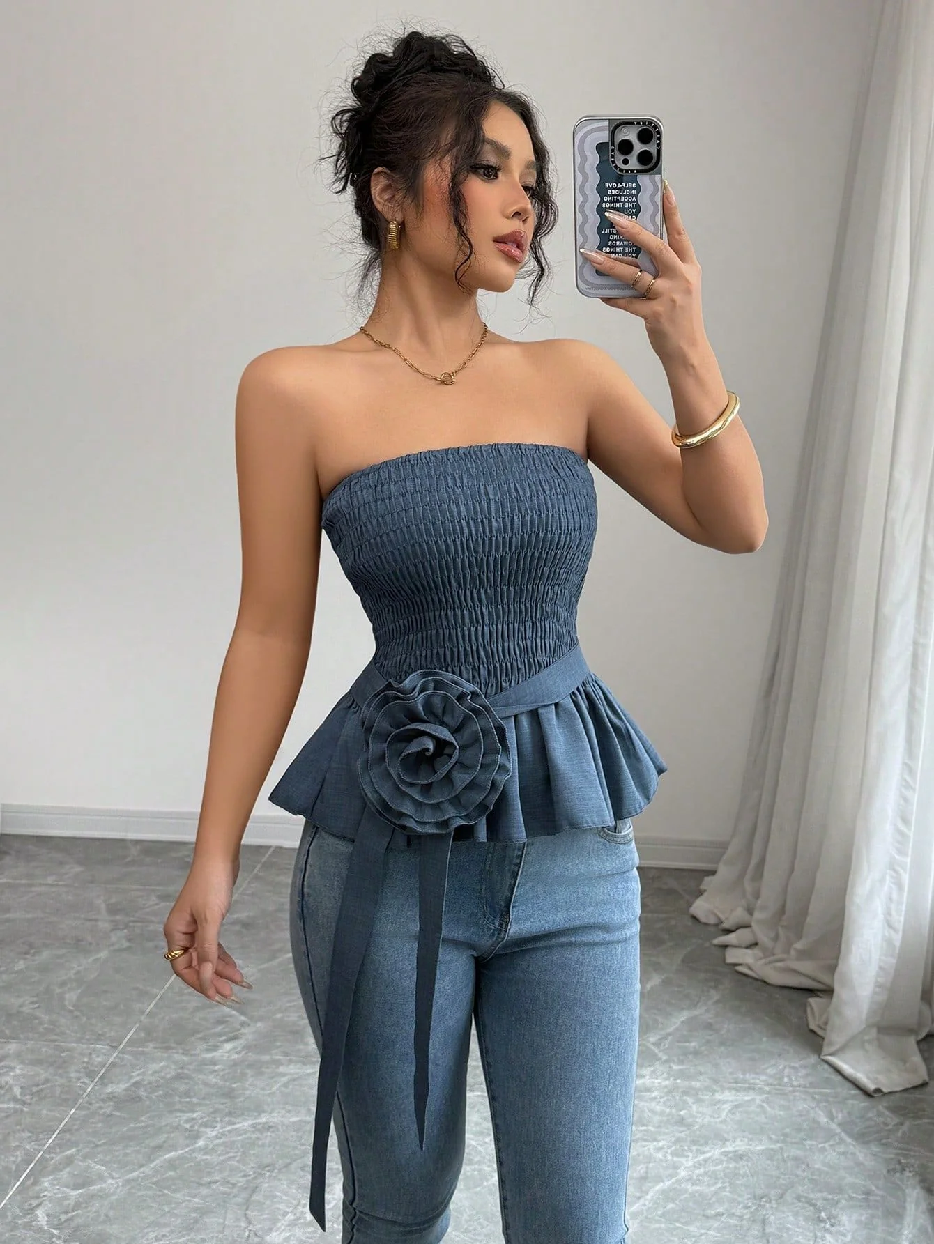 Blue Strapless Smocked Top