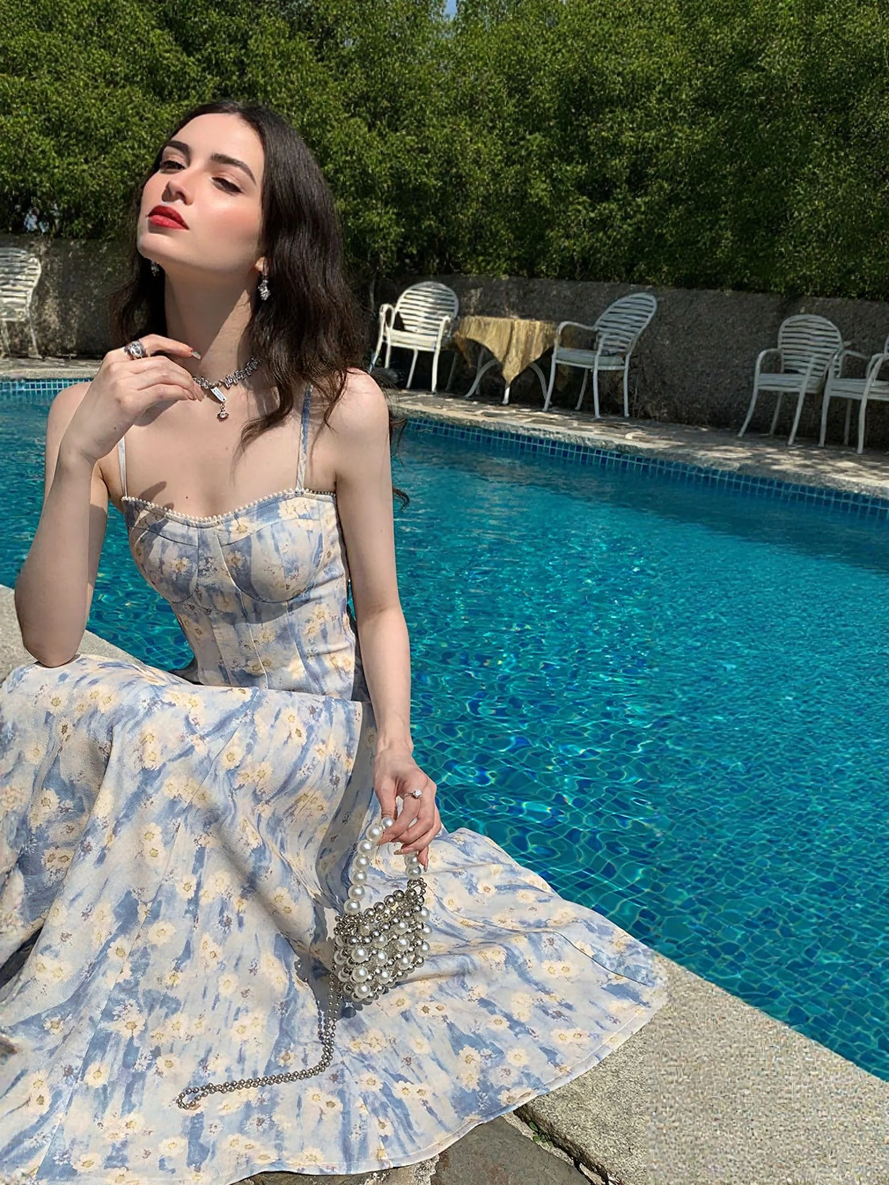 Blue Strappy Floral Printed Dress - Image 2