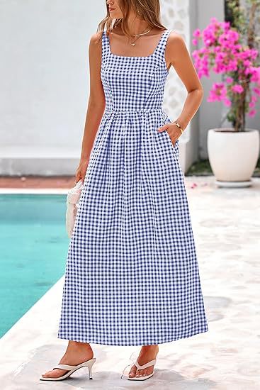 Blue Striped Square Neck Cinched Waist Dress - Image 3