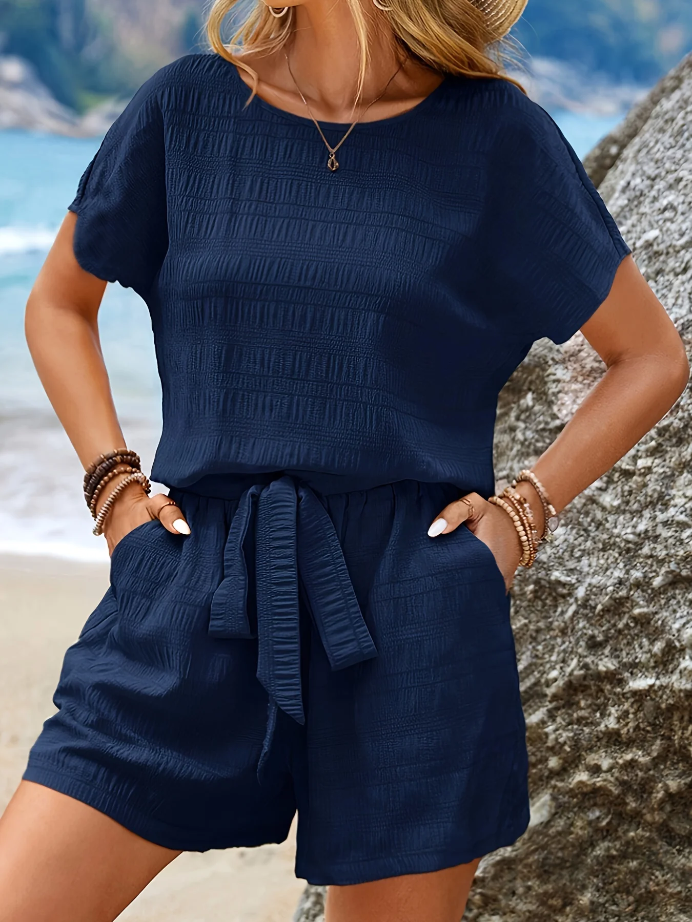 Blue Textured Coord Set With Tie Up Self Fabric Belt - Image 2
