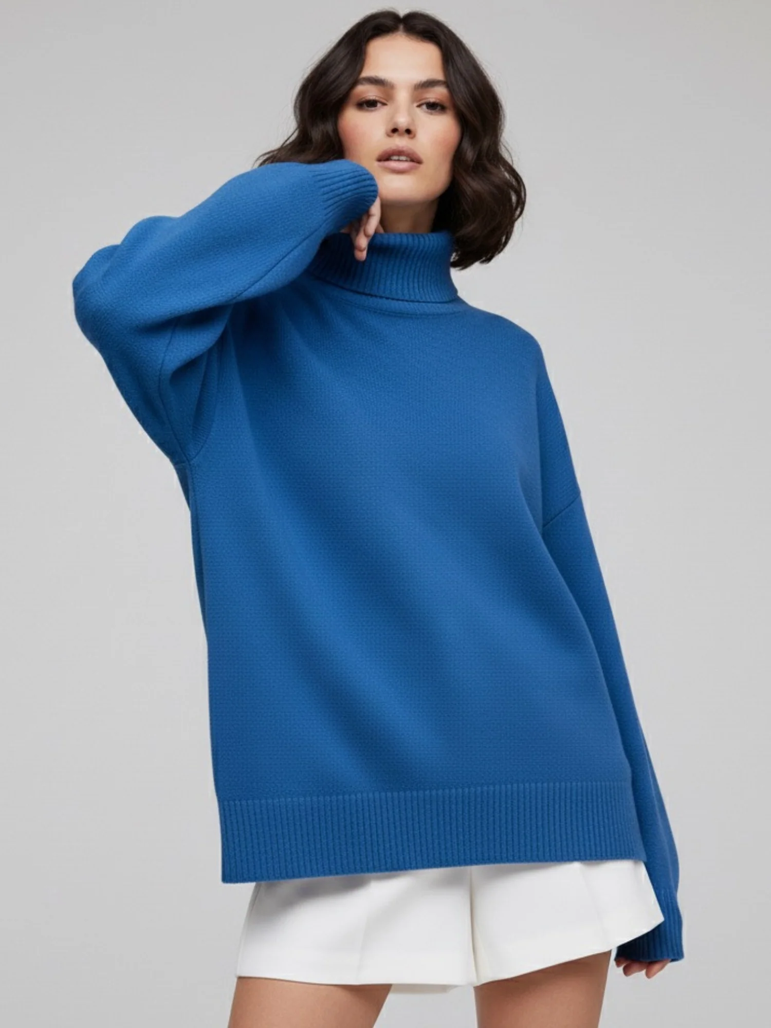 Blue Turtle Neck Oversized Solid Sweater - Image 2