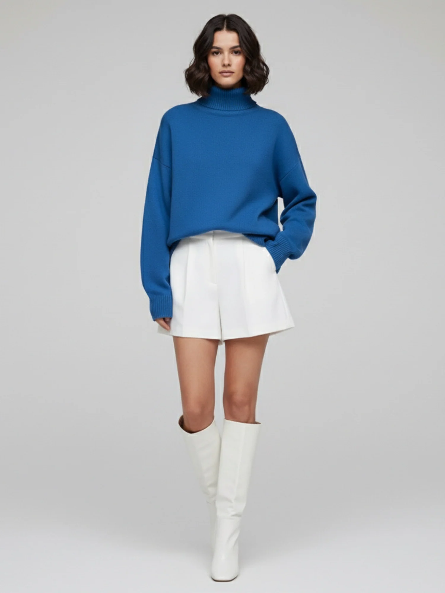 Blue Turtle Neck Oversized Solid Sweater - Image 3