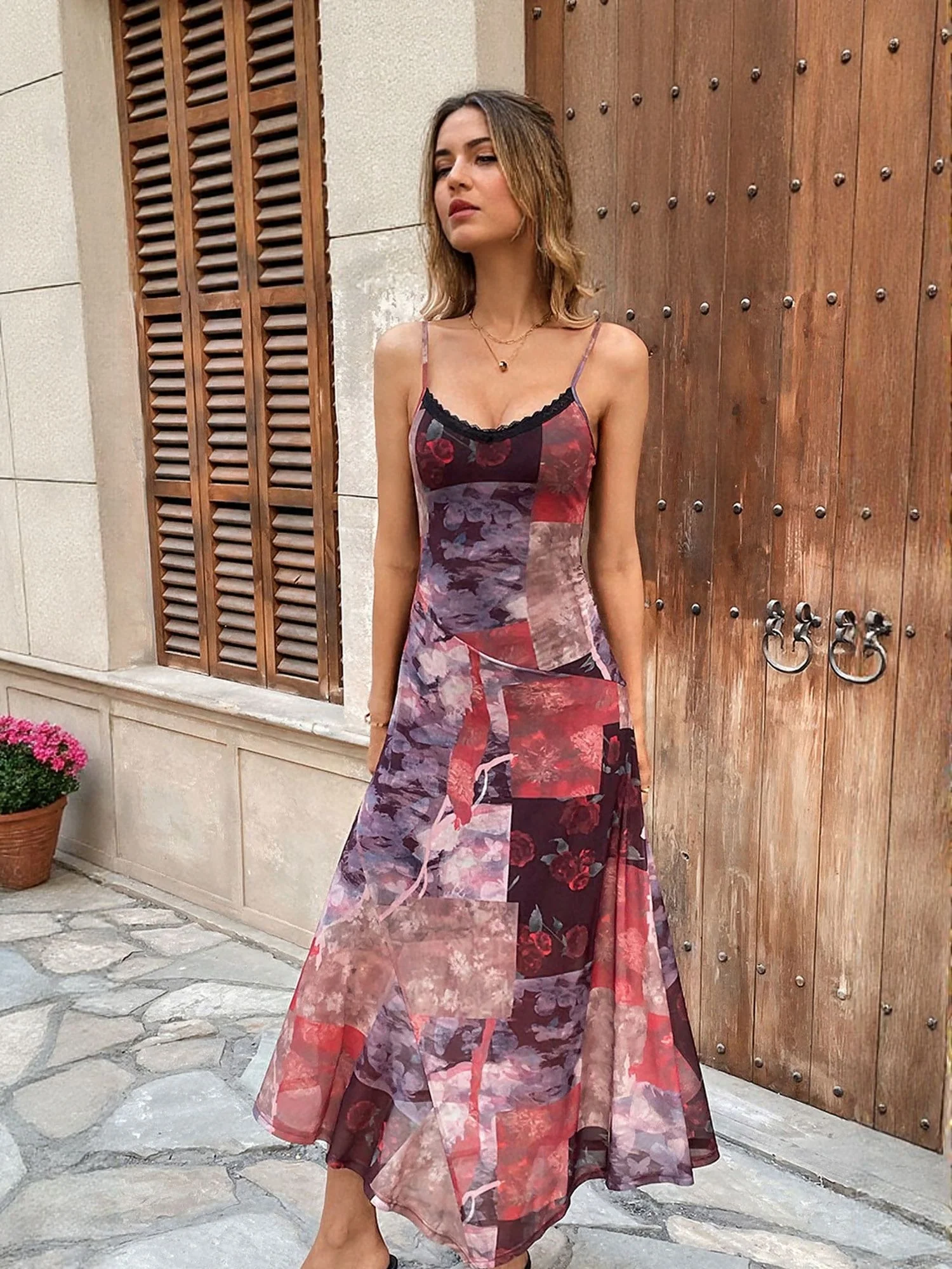 Brown Abstract Print Slip Dress - Image 2
