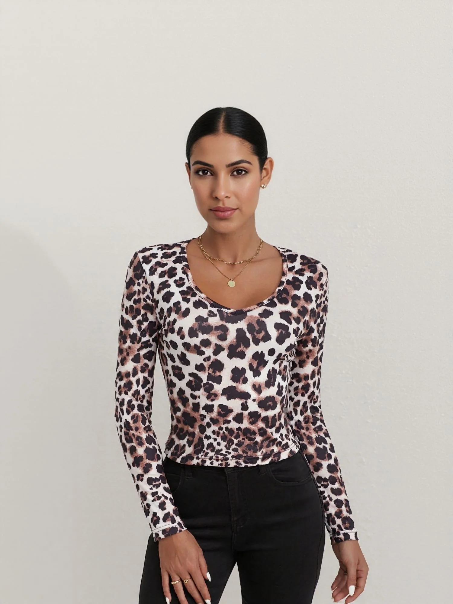Brown Animal Print V Neck Full Sleeves Fitted Top - Image 2