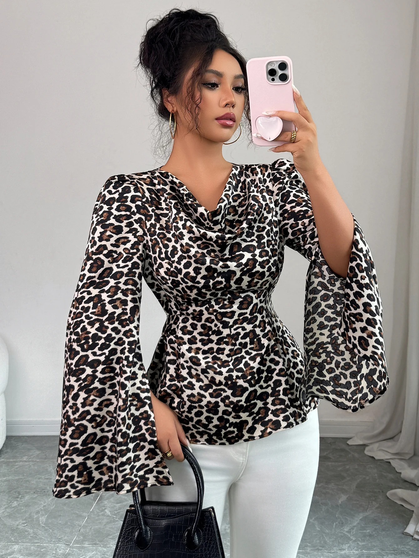 Brown Animal Printed Cowl Neck Top - Image 2