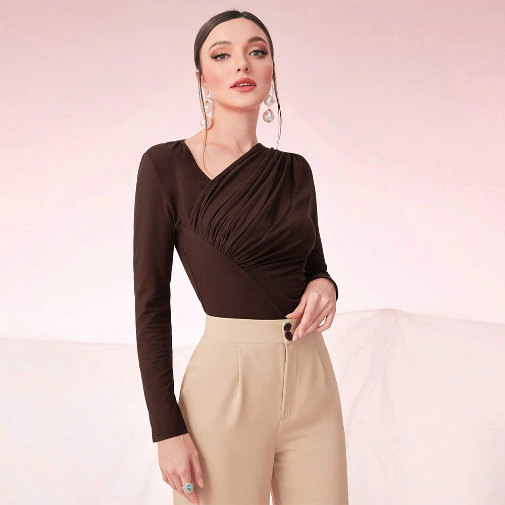 Brown Asymmetric Neckline With Side Ruching