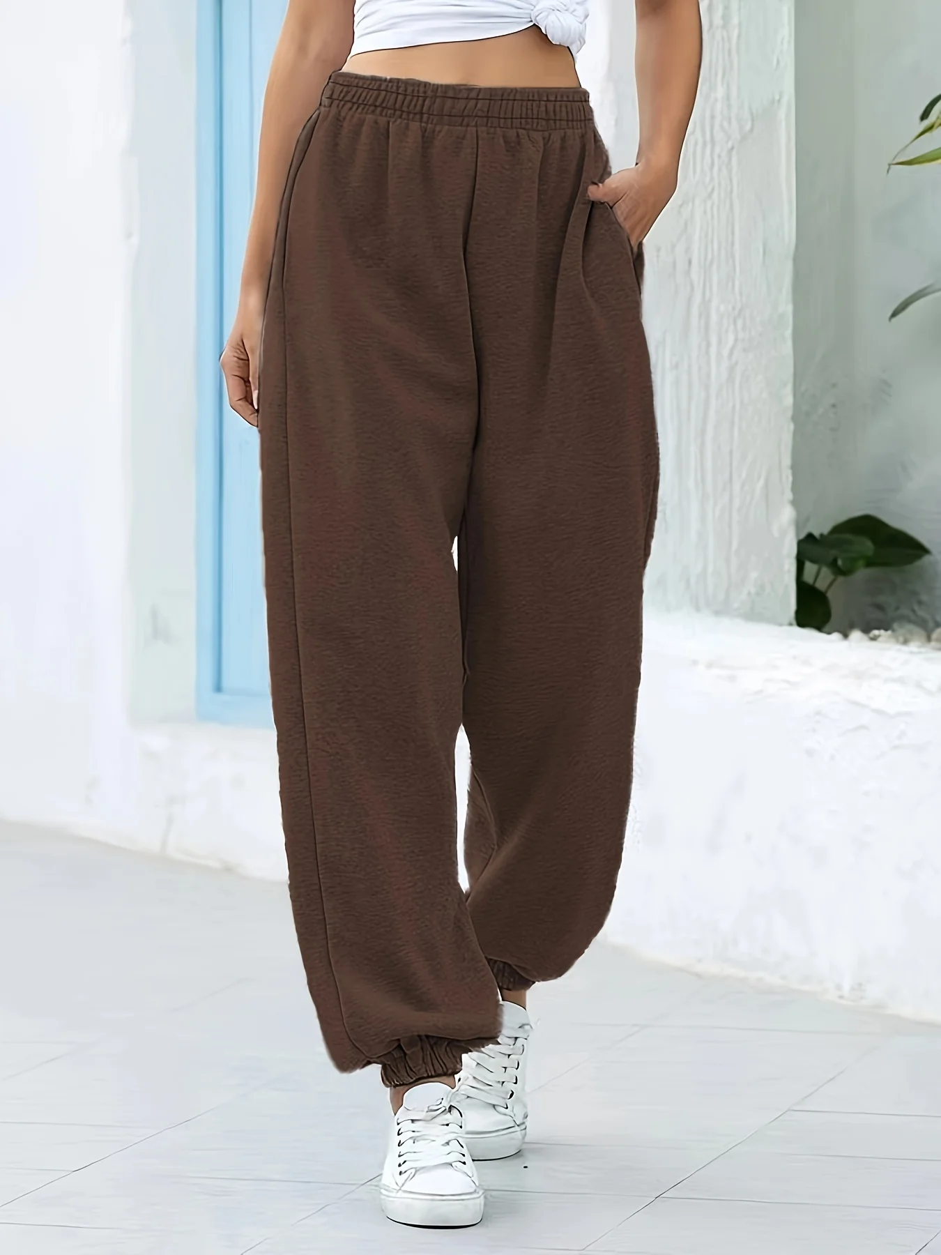 Brown Basic Solid Elasticated Joggers