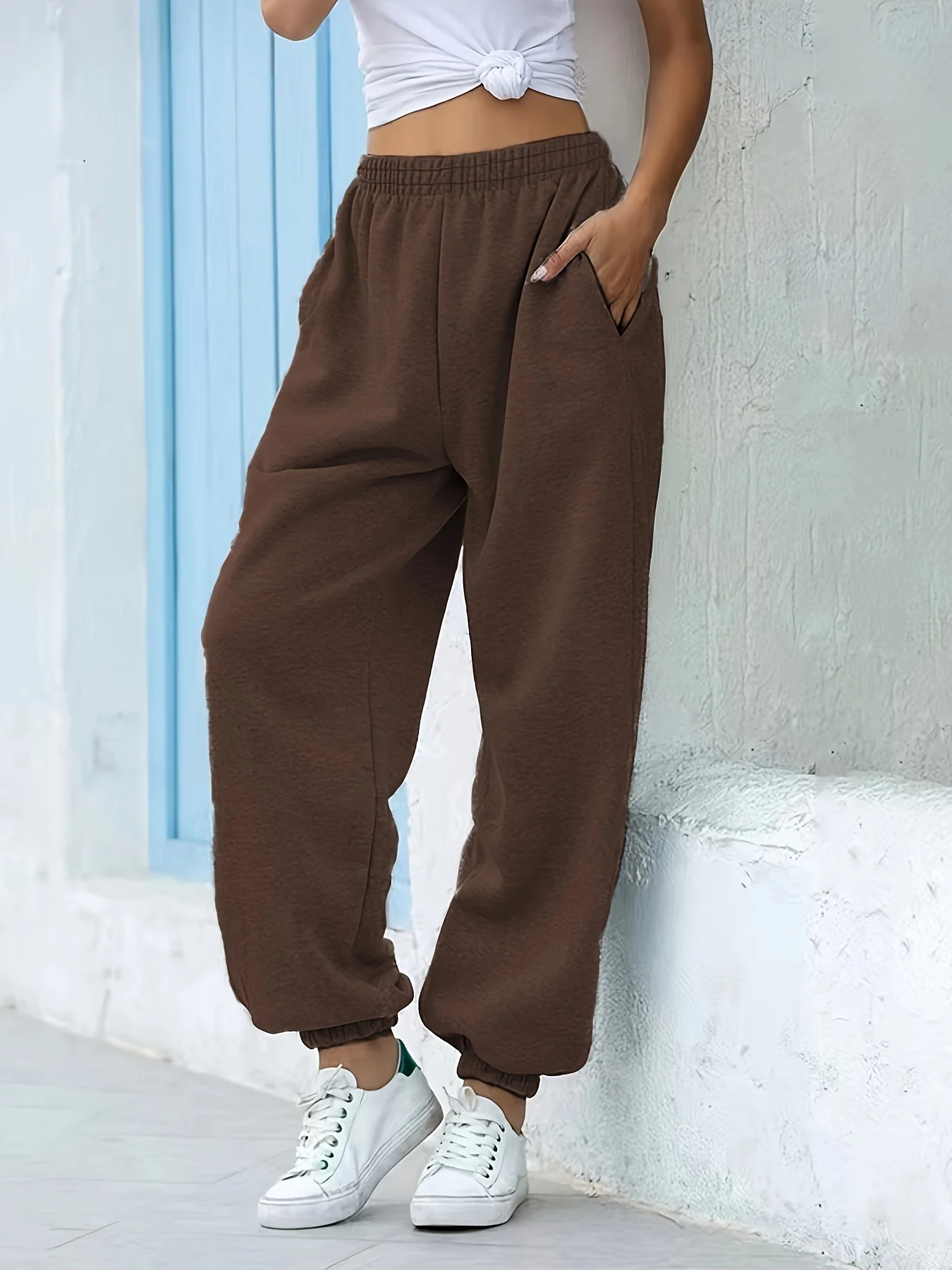 Brown Basic Solid Elasticated Joggers - Image 2