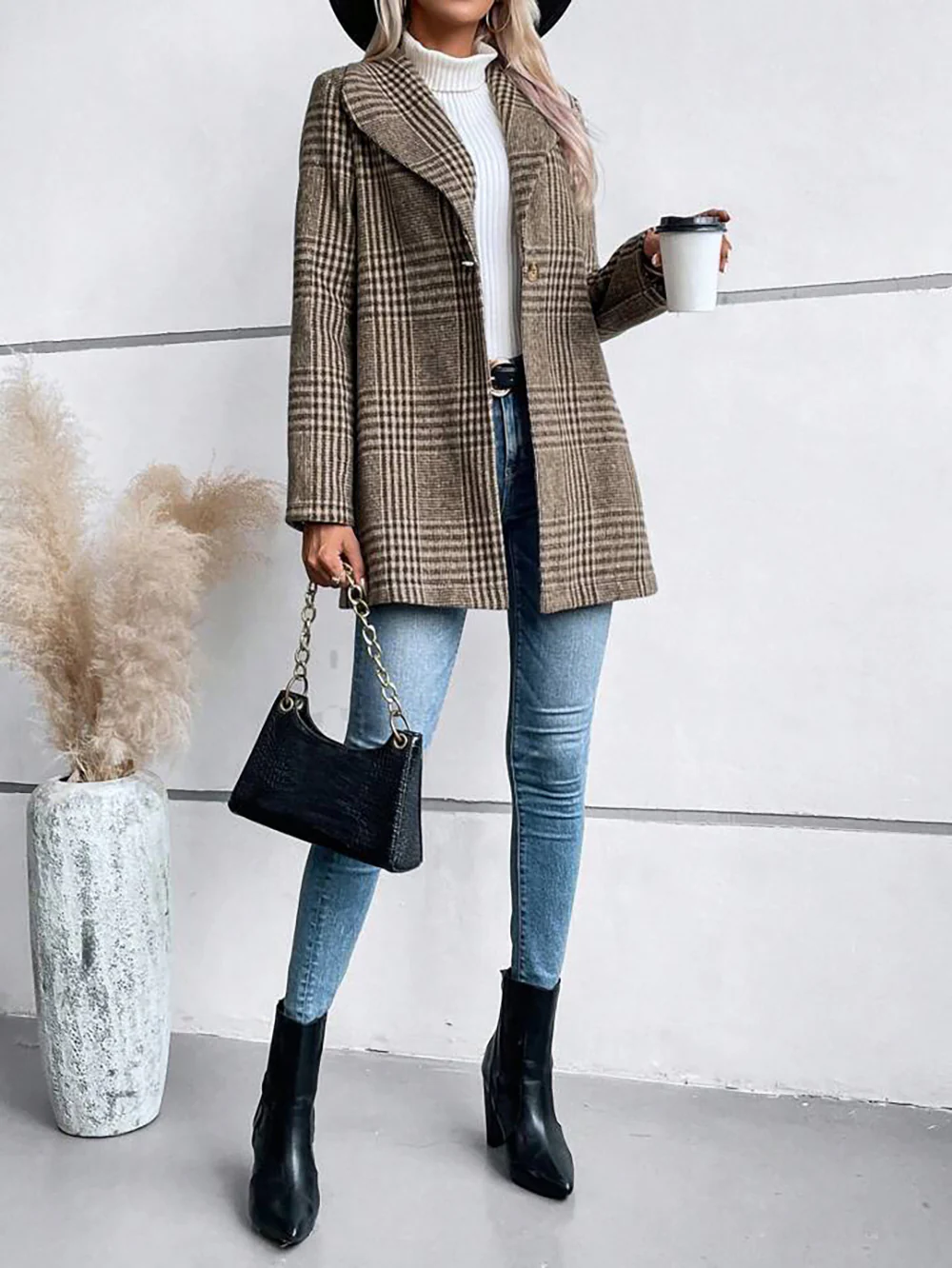 Brown Big Collar Full Sleeve Check Long Coat - Image 3