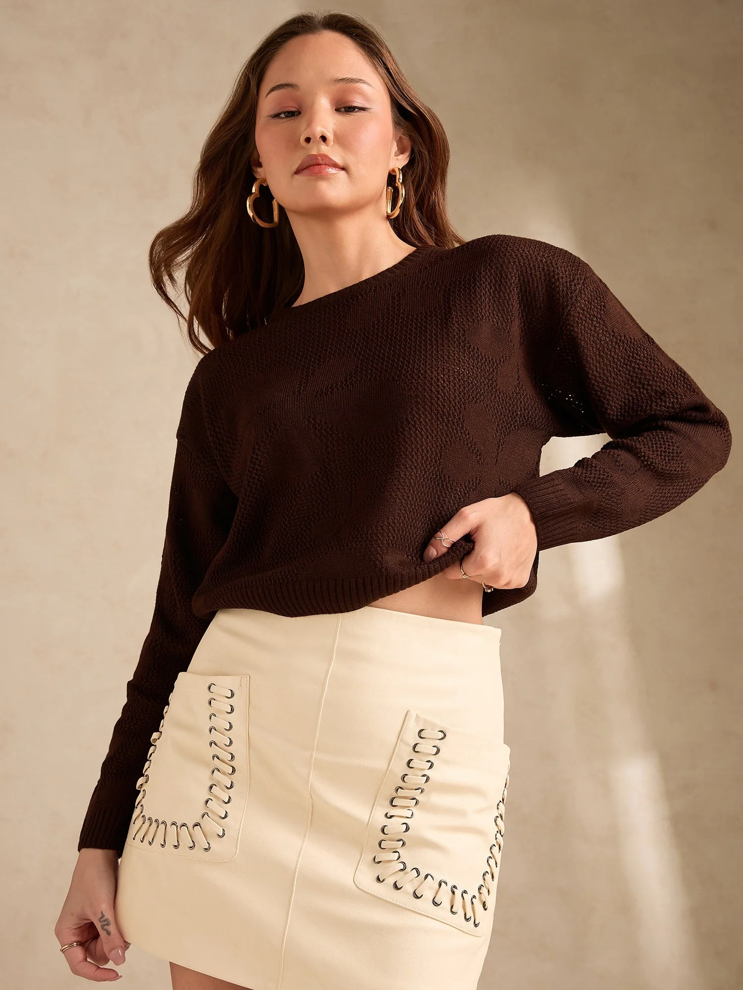 Brown Bold Floral Print Sweater