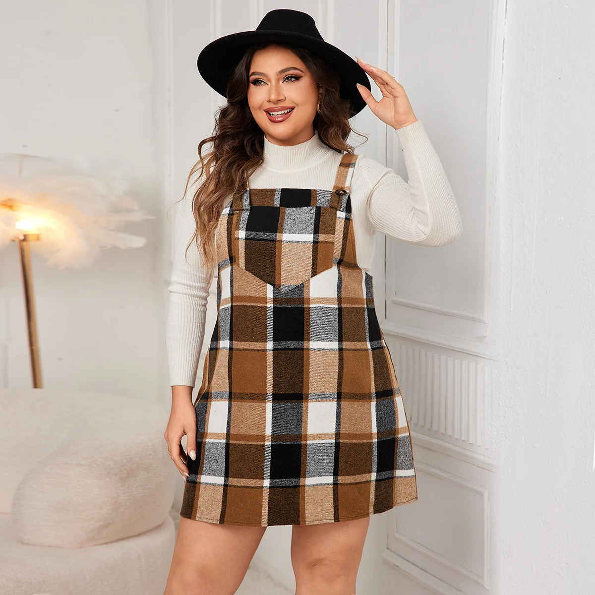 Brown Check Mini Pinafore Dress With Yoke Detail